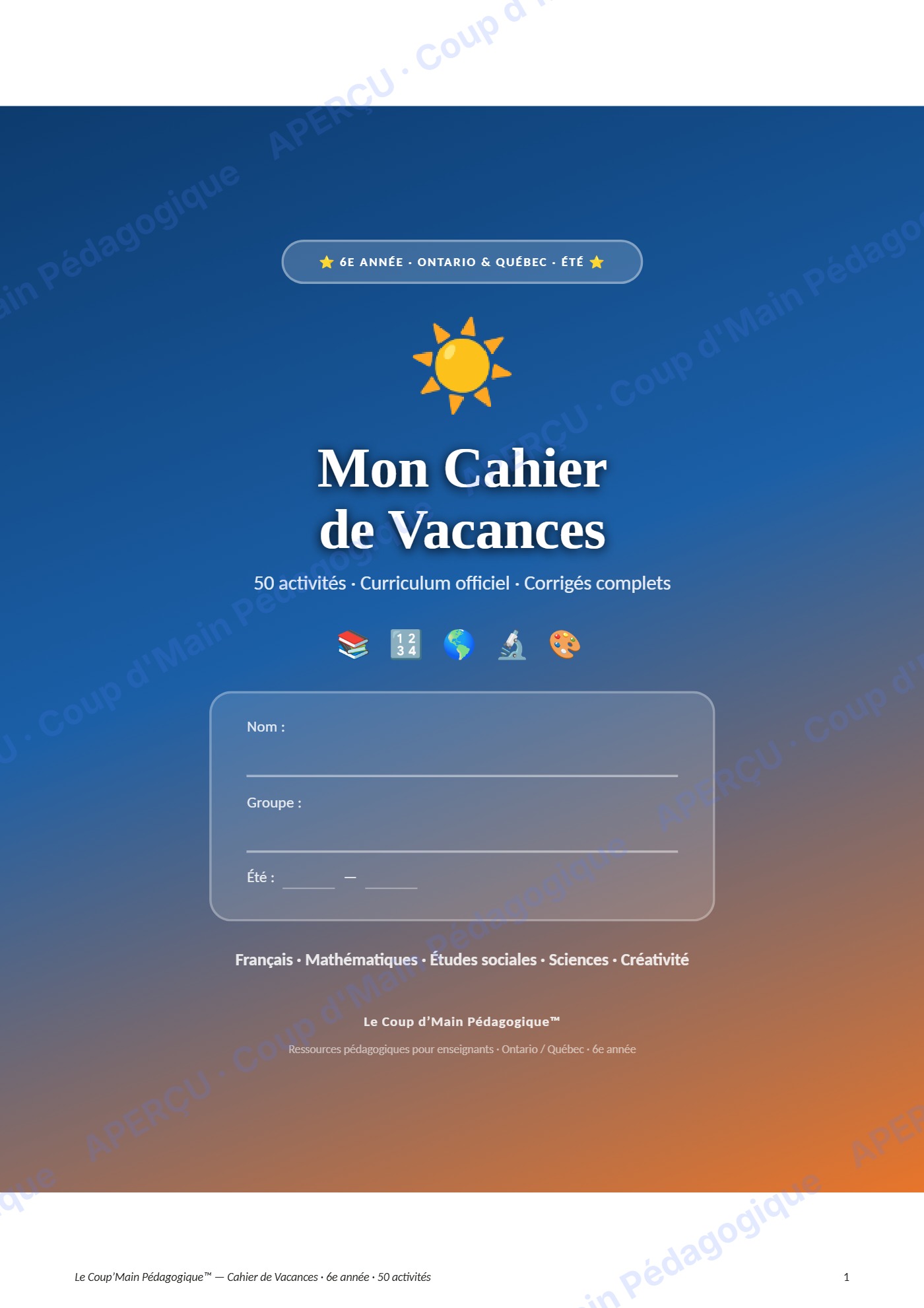 Page 1 — Cahier de vacances — 6e année