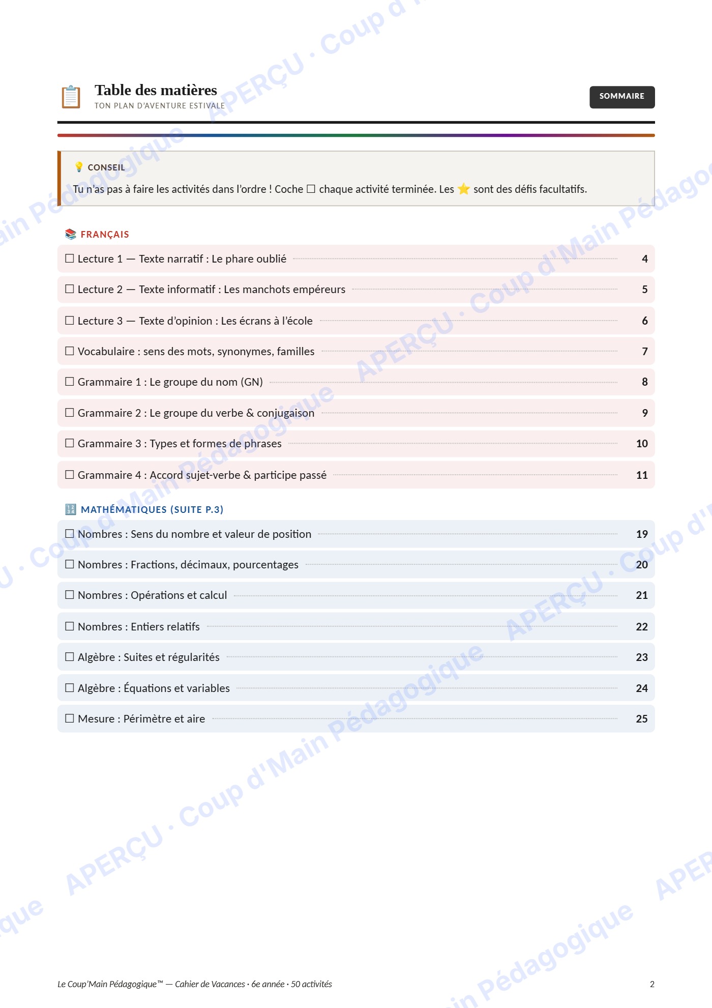 Page 2 — Cahier de vacances — 6e année