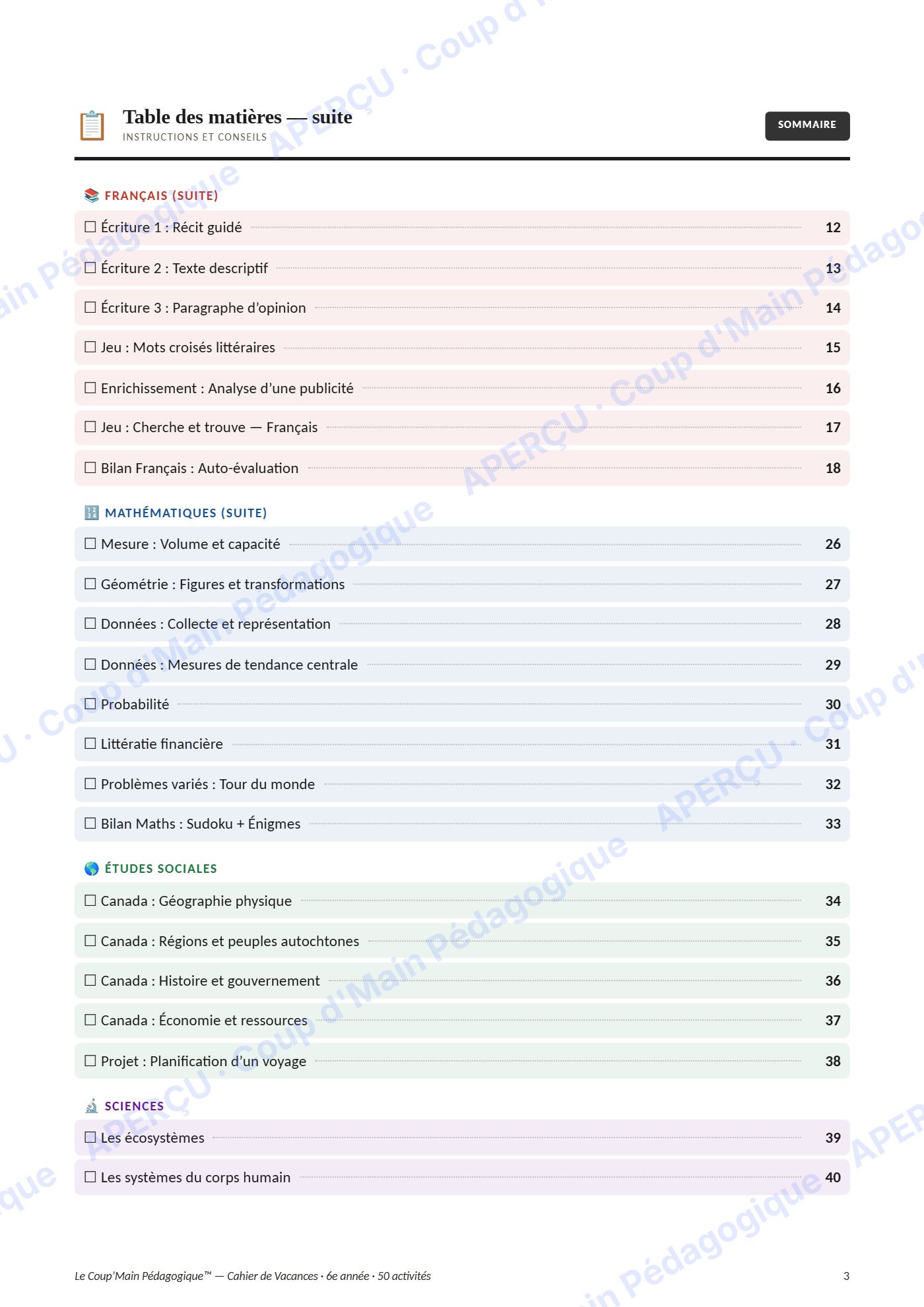 Page 3 — Cahier de vacances — 6e année