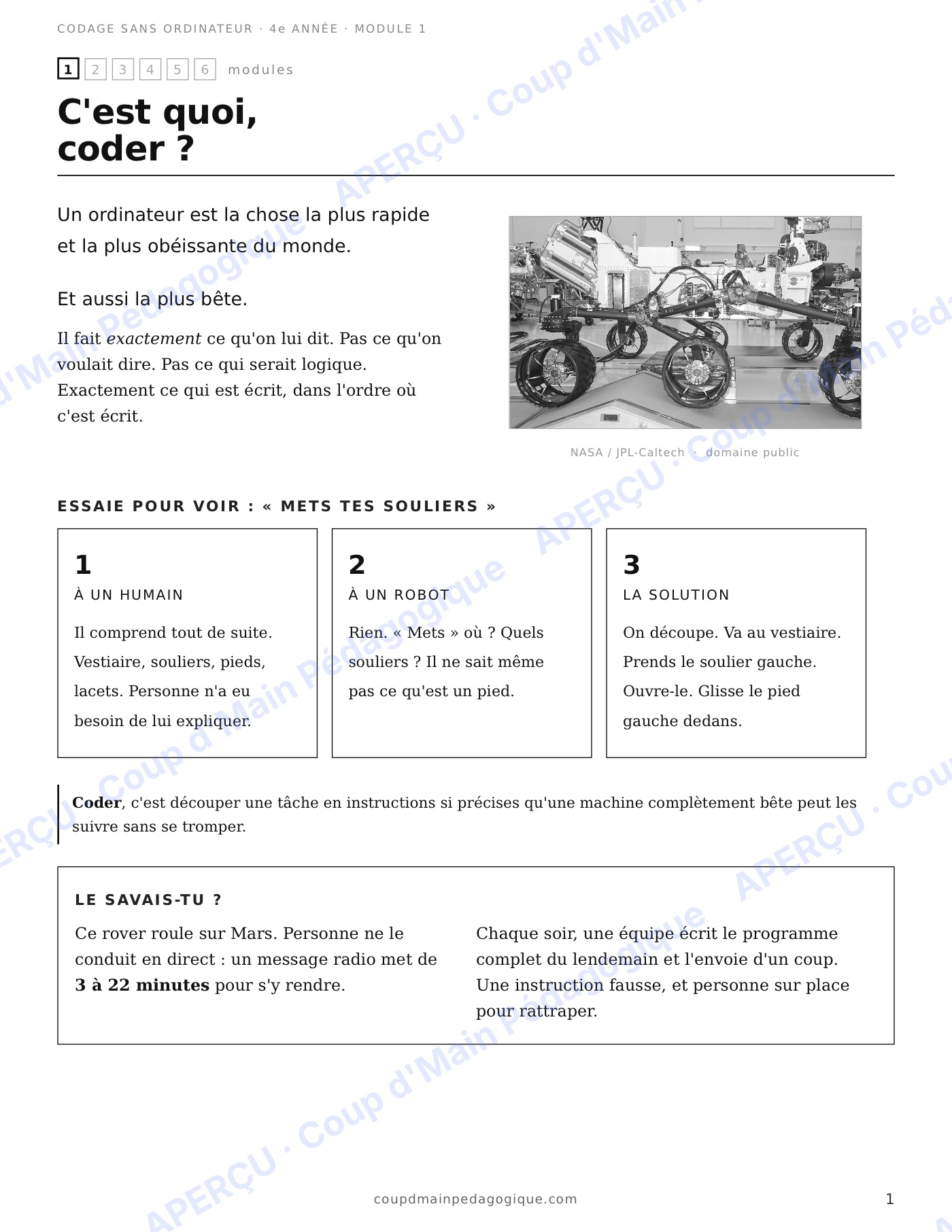 Page 1 — Codage sans ordinateur — 4e année, module 1