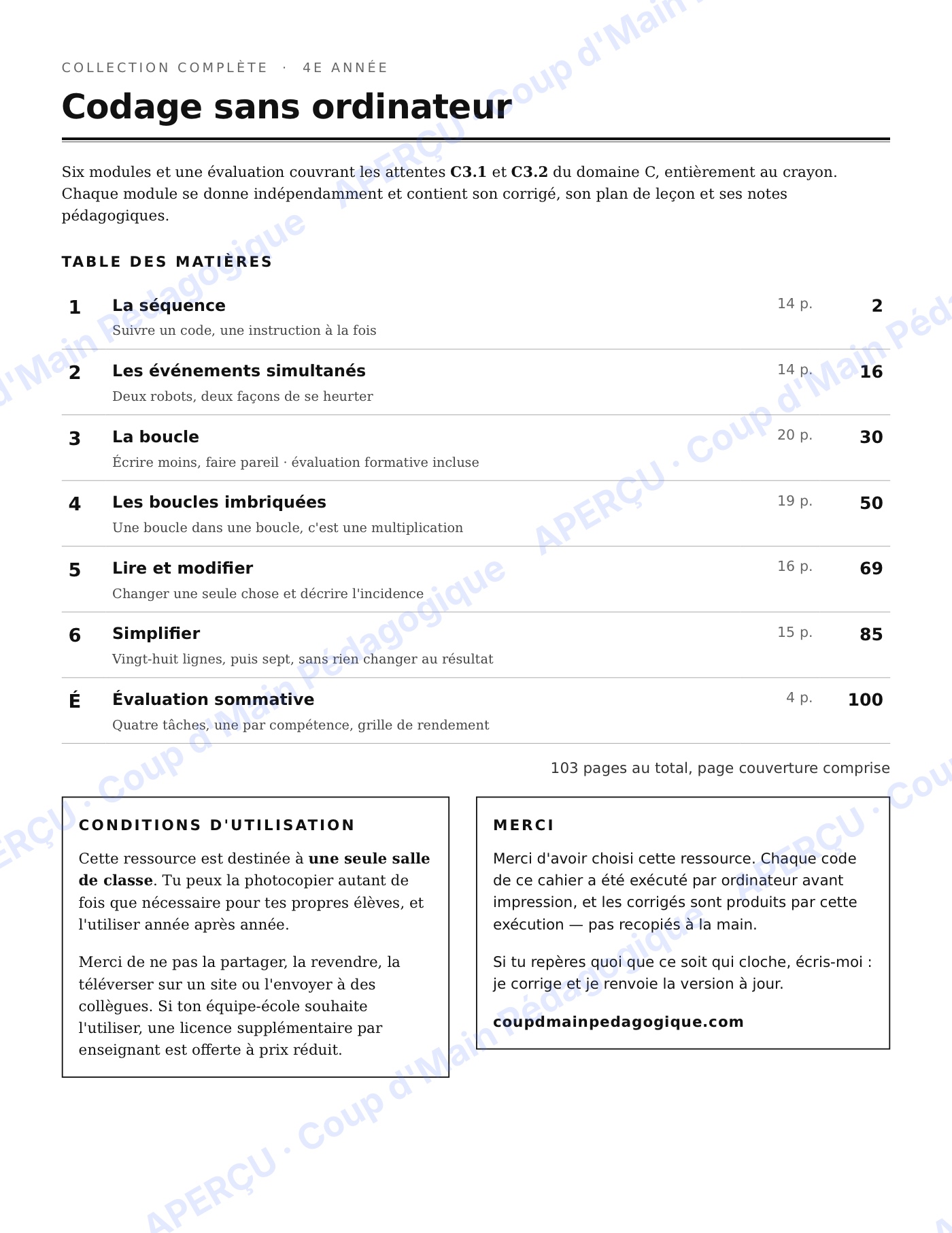 Page 1 — Codage sans ordinateur — 4e année, les 6 modules