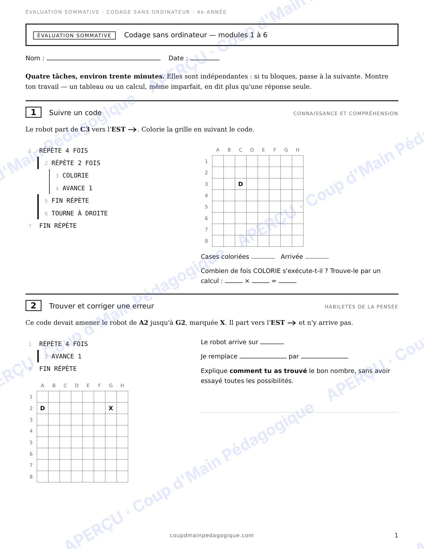 Page 1 — Évaluation sommative de codage — 4e année