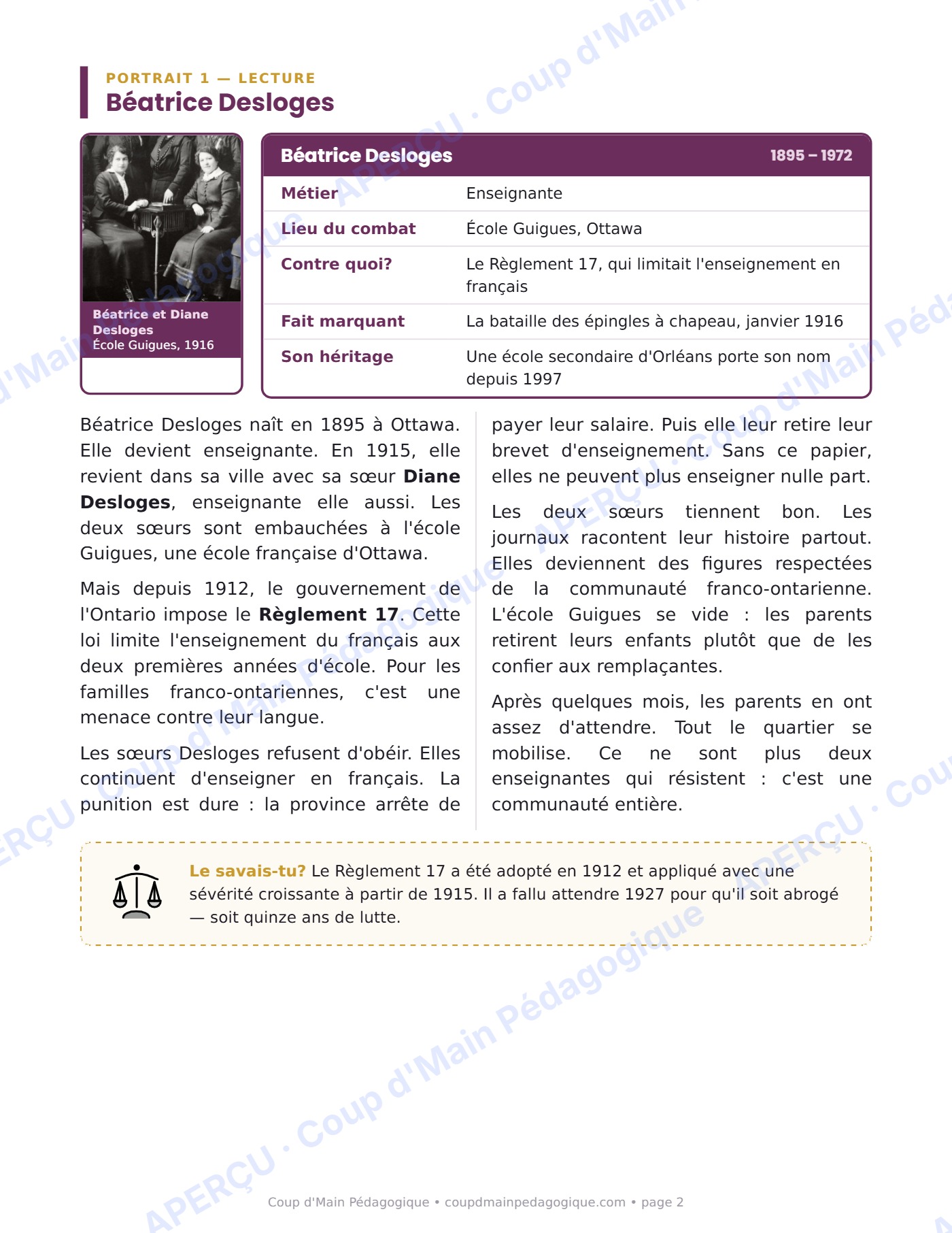 Page 2 — Deux femmes, deux combats — 5e année