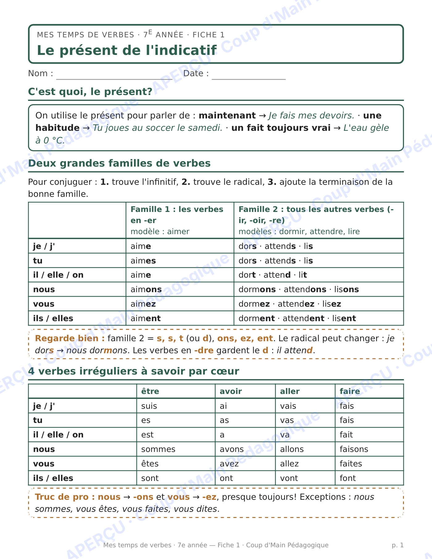 Page 1 — Le présent de l'indicatif — 7e année