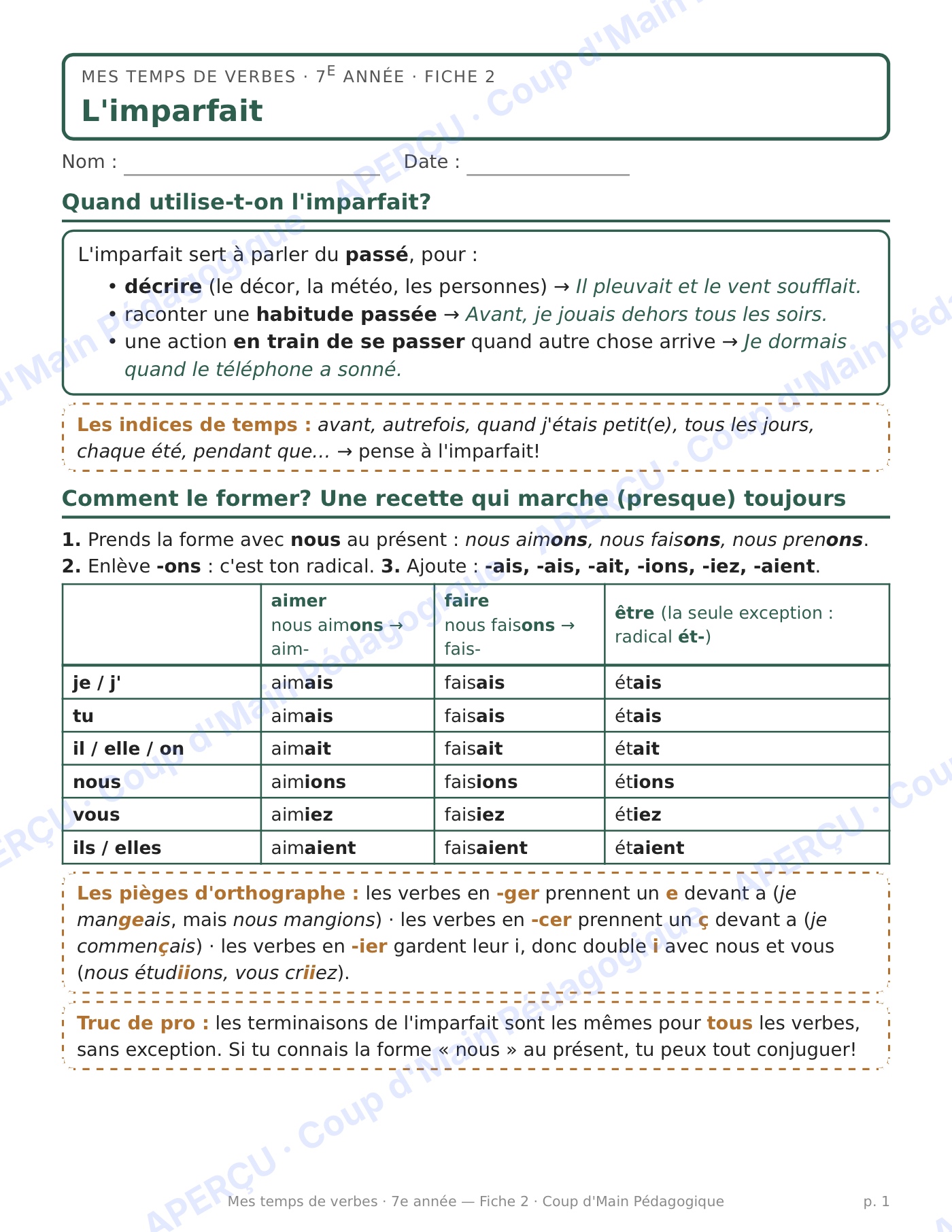 Page 1 — L'imparfait — 7e année