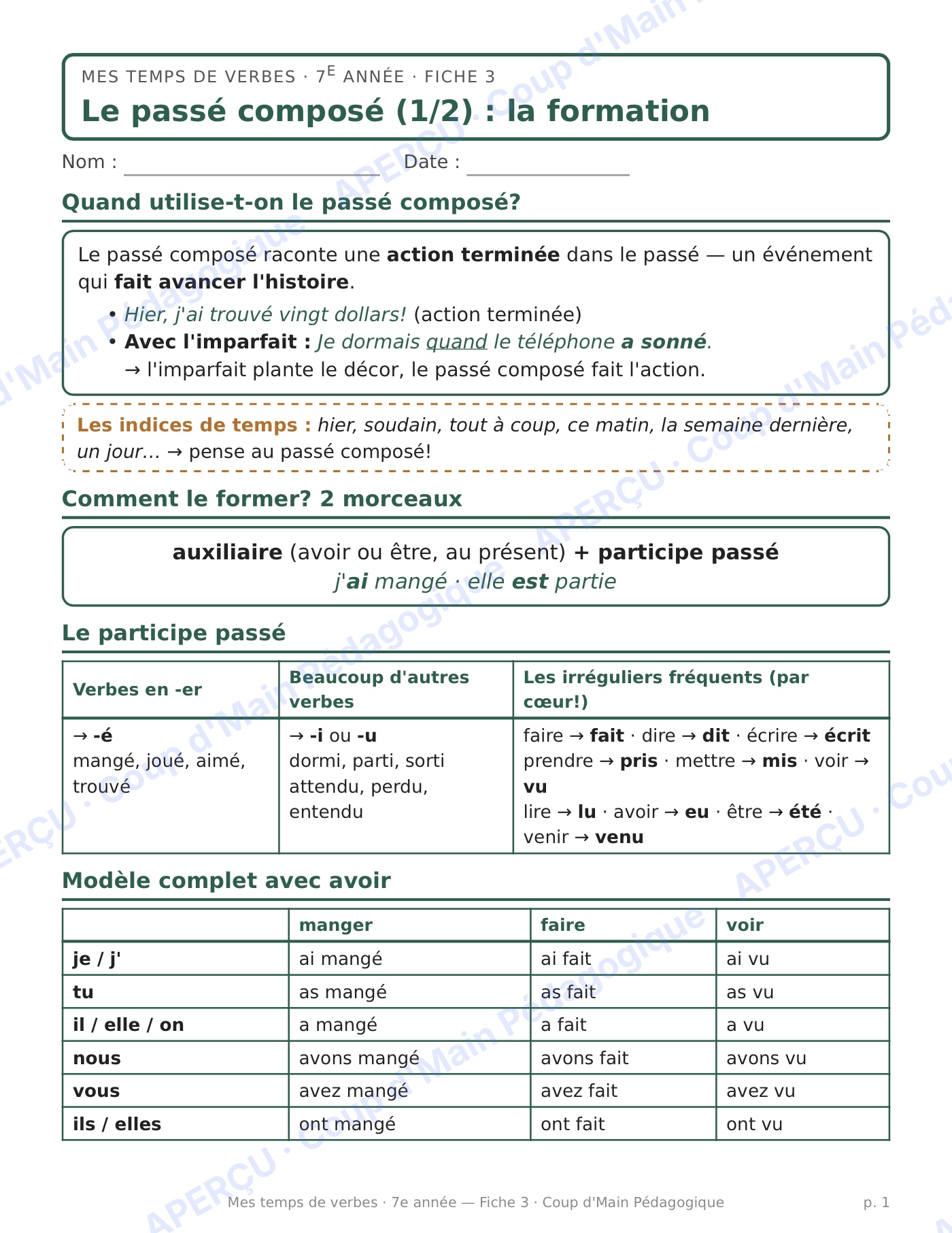 Page 1 — Le passé composé et ses auxiliaires — 7e année