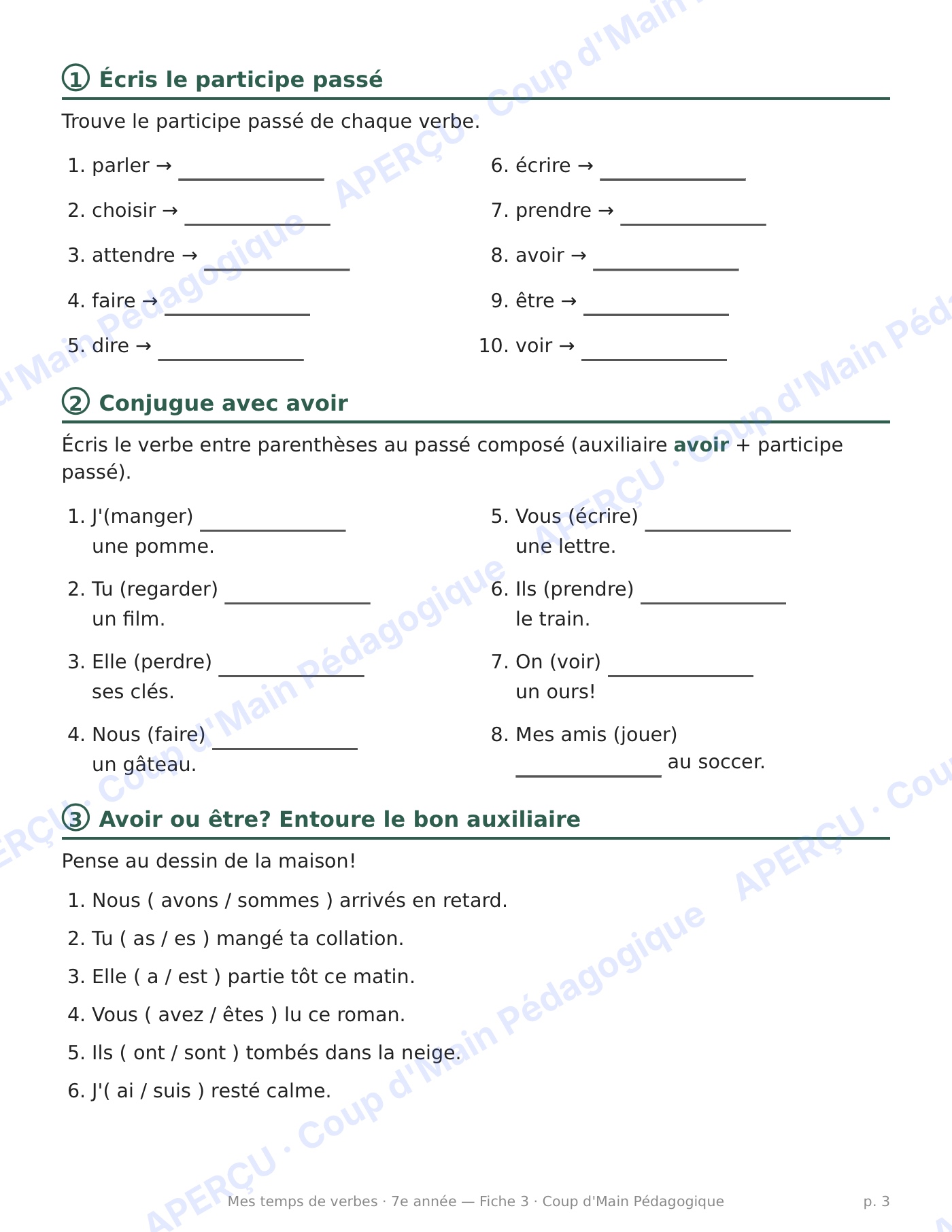 Page 3 — Le passé composé et ses auxiliaires — 7e année
