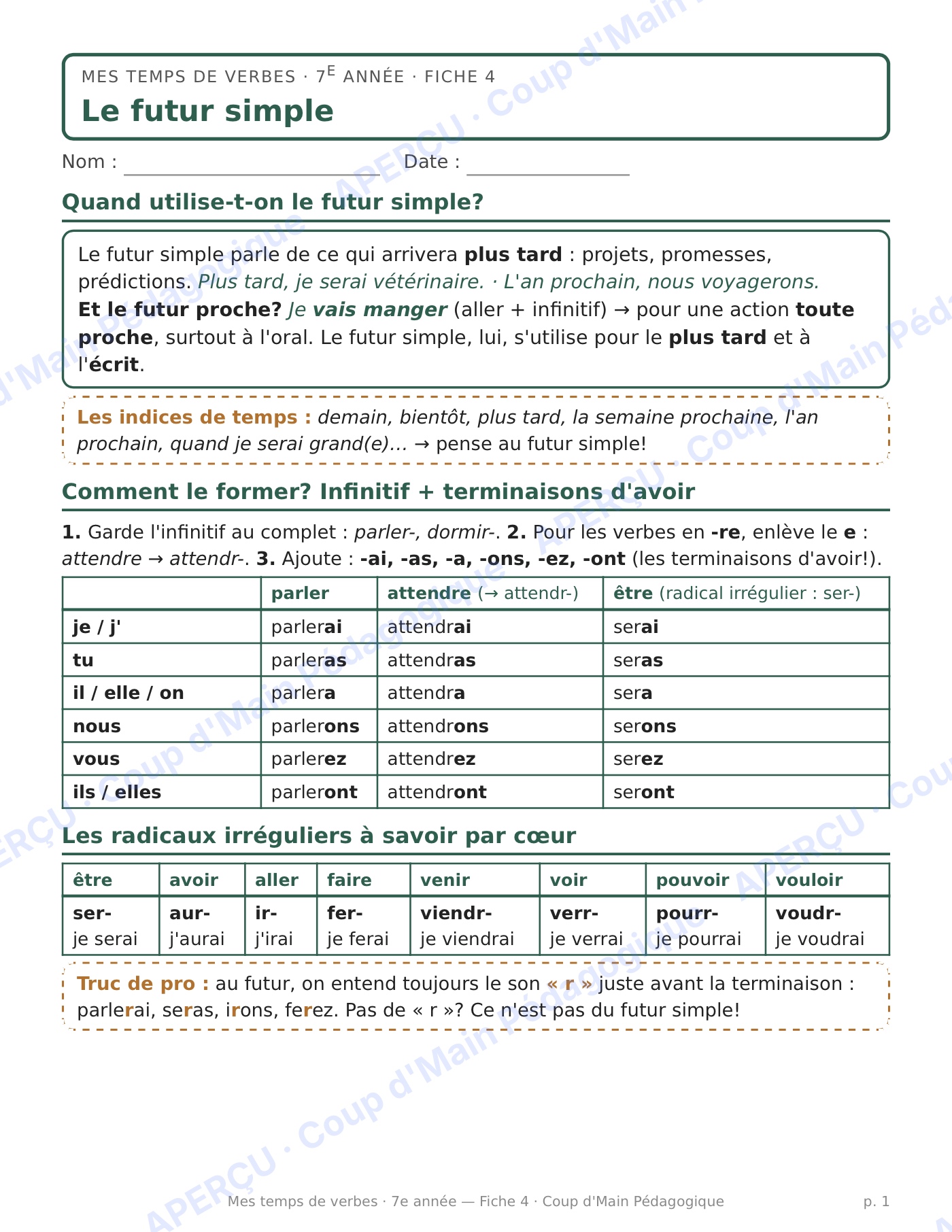 Page 1 — Le futur simple — 7e année