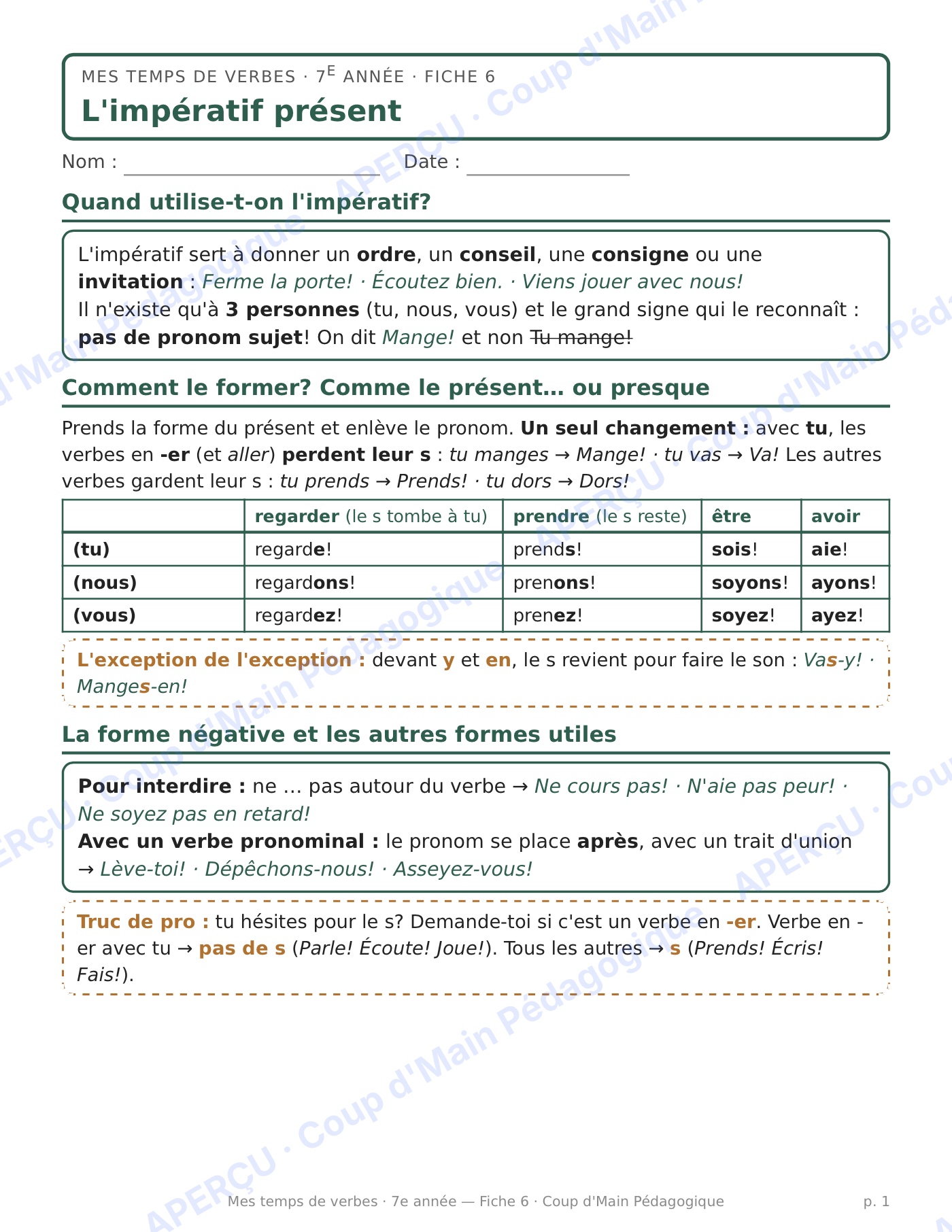 Page 1 — L'impératif présent — 7e année