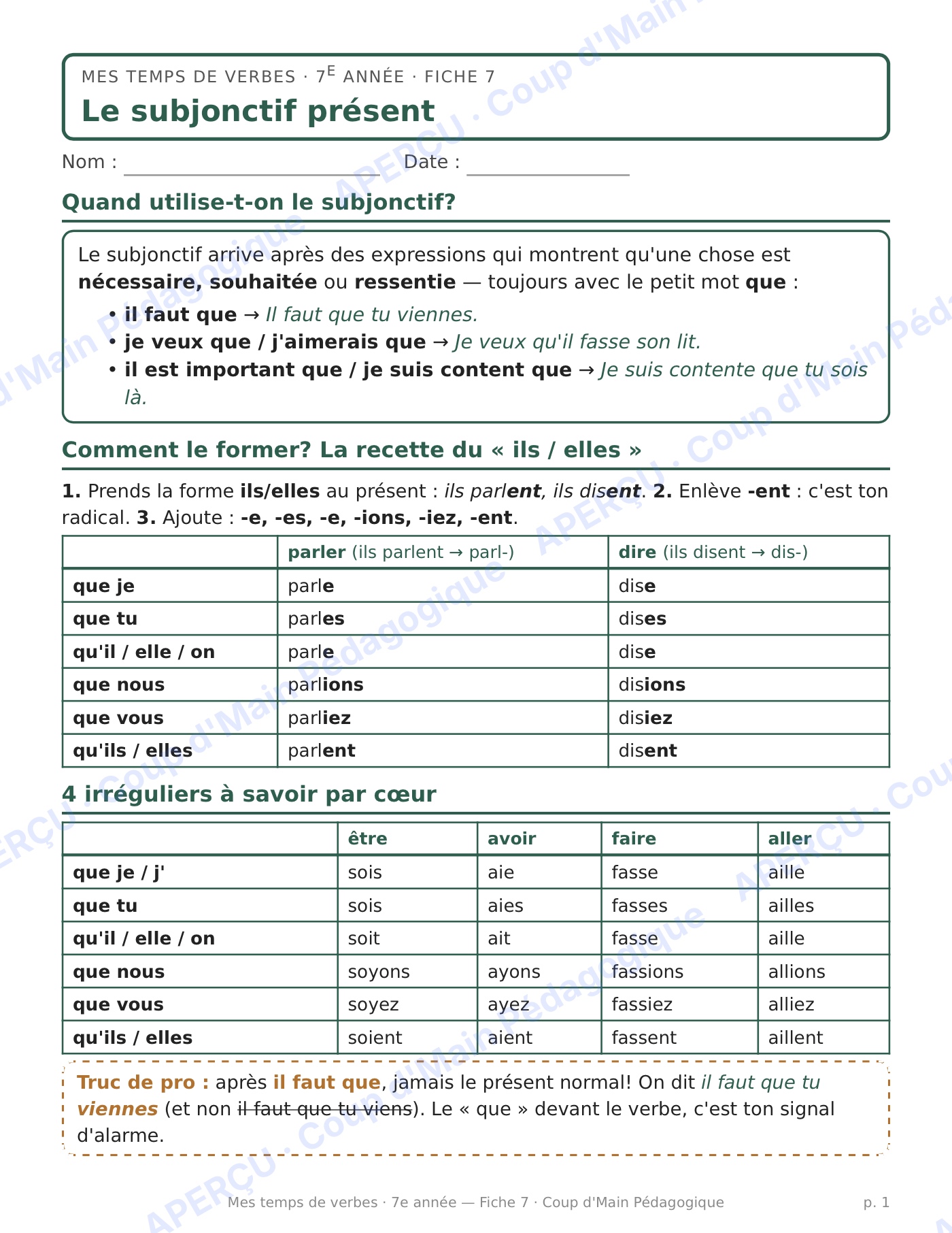 Page 1 — Le subjonctif présent — 7e année