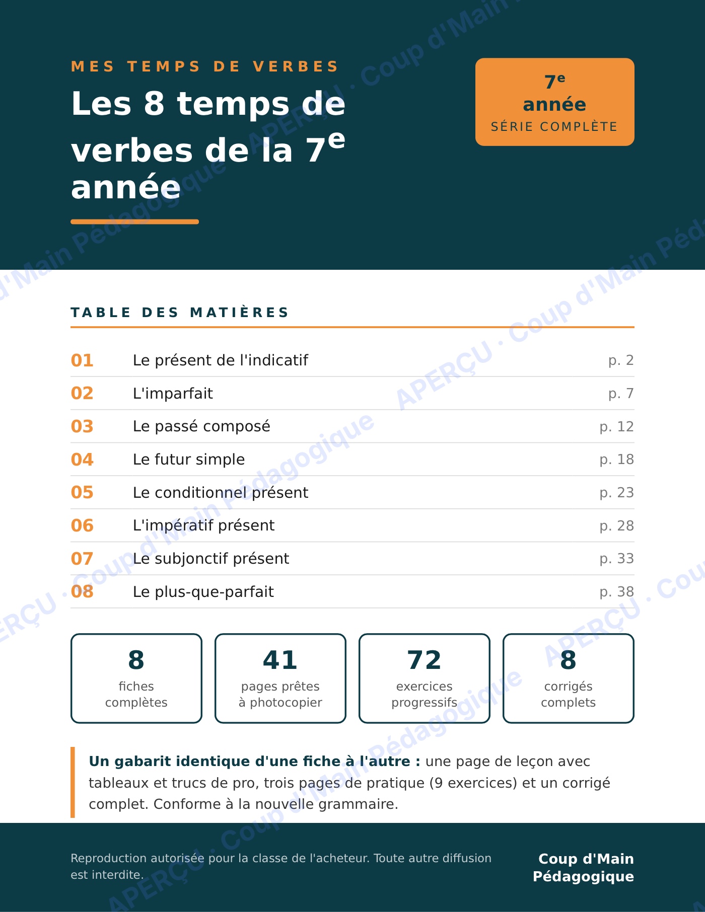 Page 1 — Mes temps de verbes — 7e année, série complète