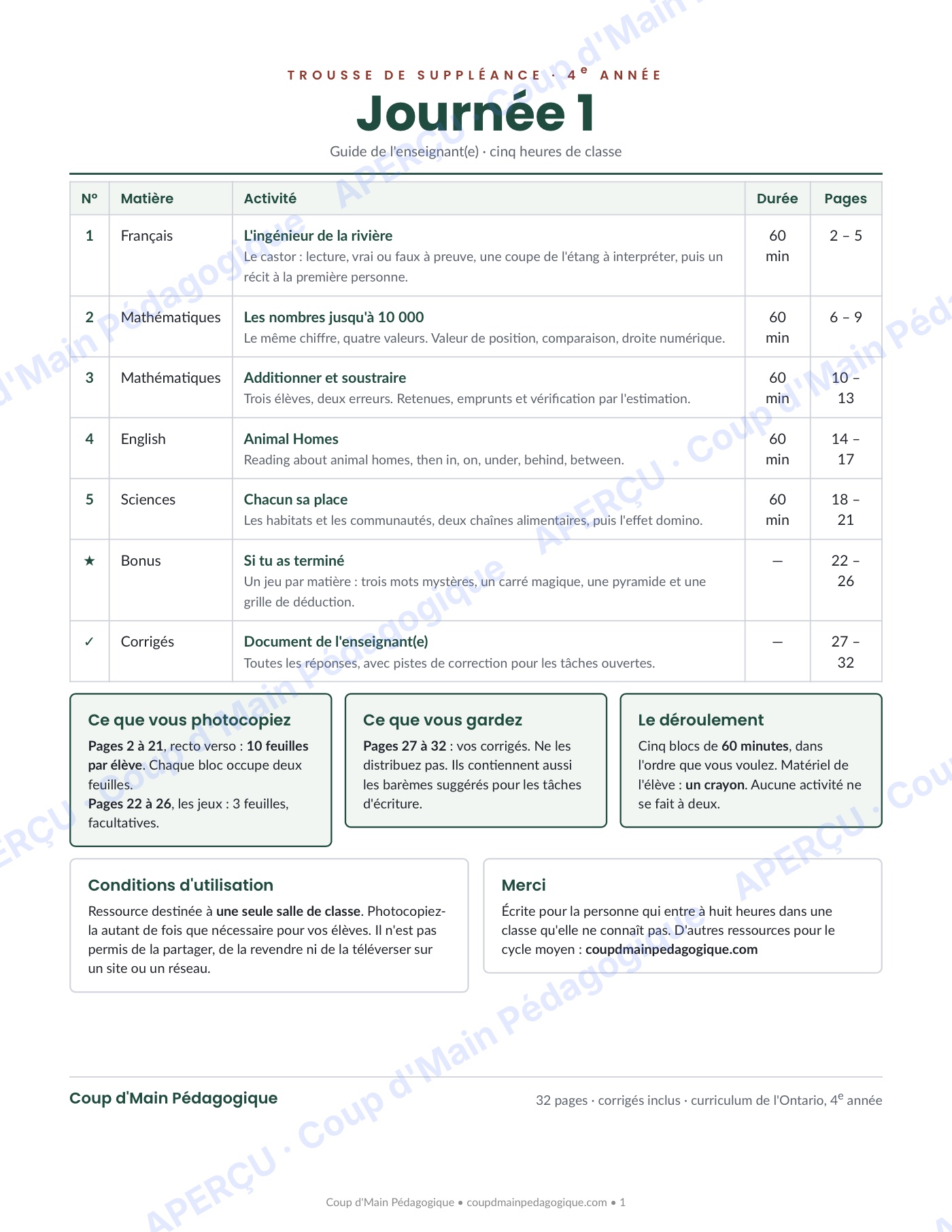 Page 1 — Journée de suppléance 1 — 4e année, les habitats