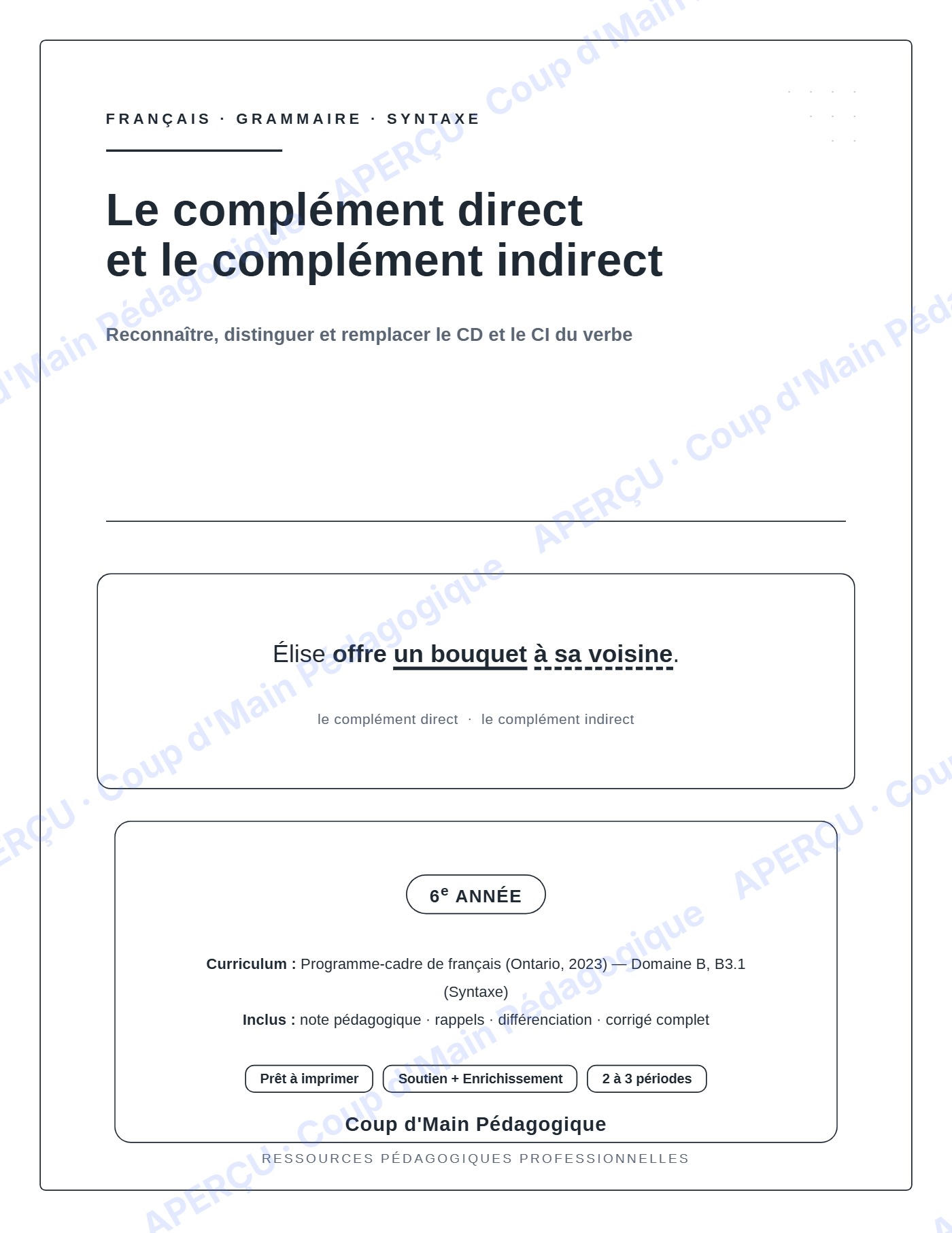 Page 1 — Complément direct et indirect — 6e, mini-unité