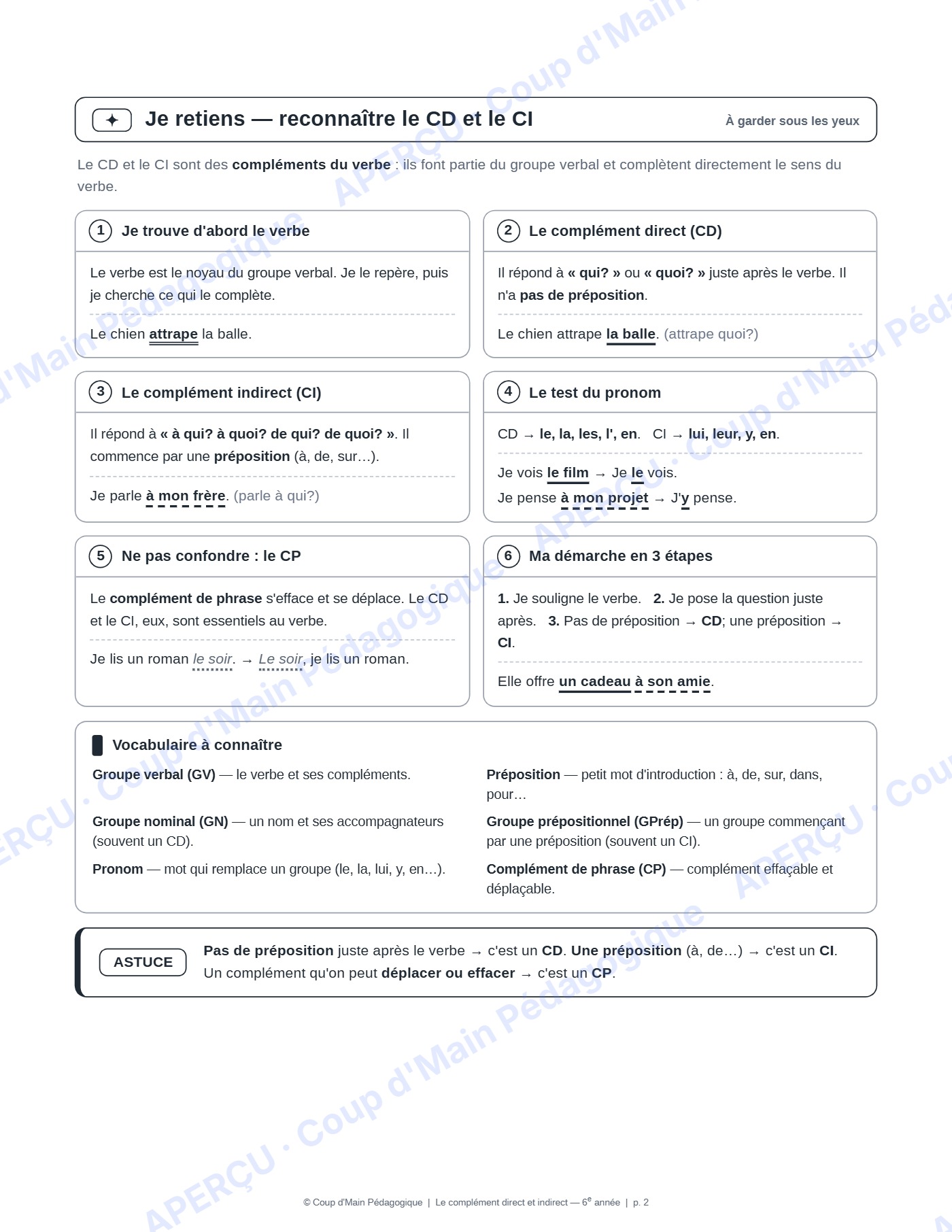Page 3 — Complément direct et indirect — 6e, mini-unité