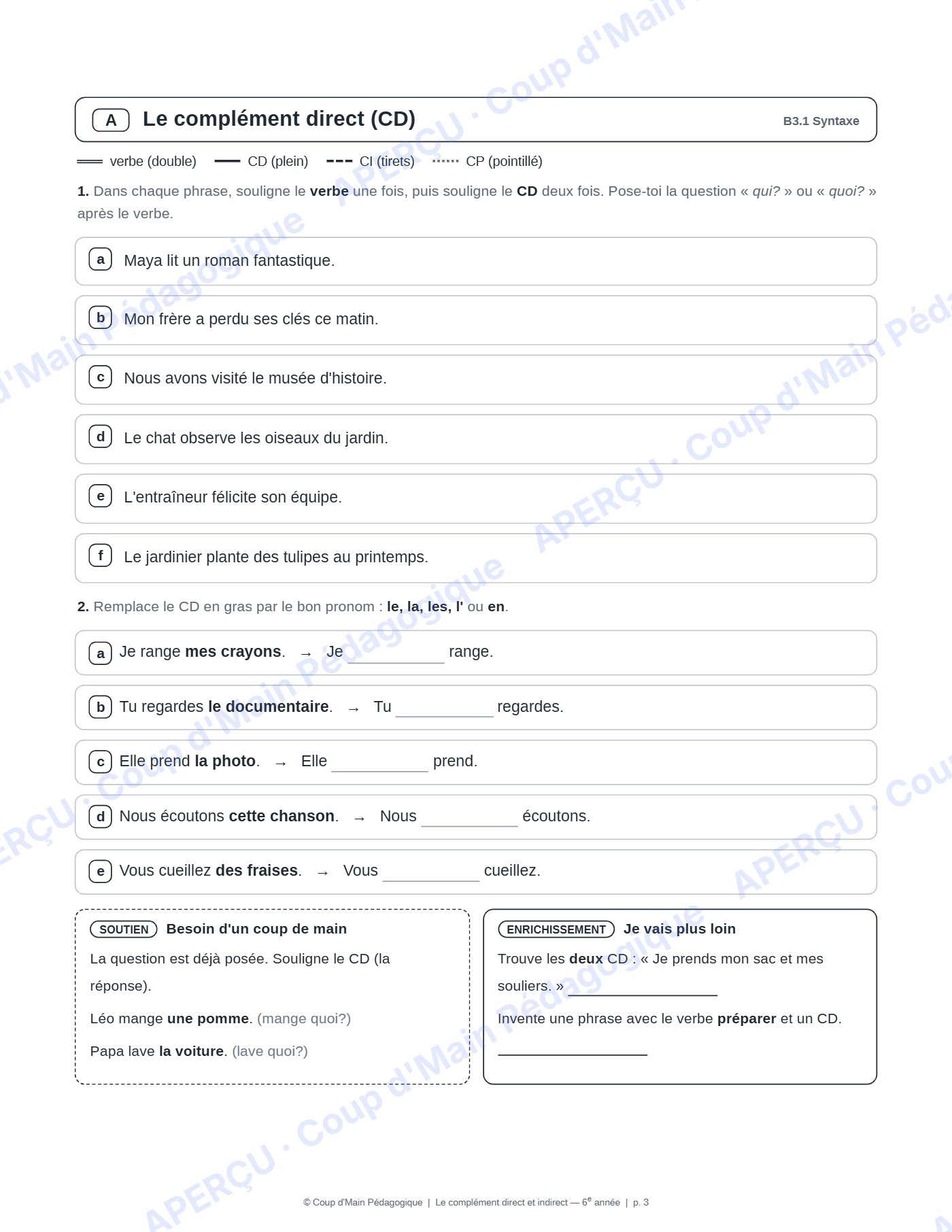 Page 4 — Complément direct et indirect — 6e, mini-unité