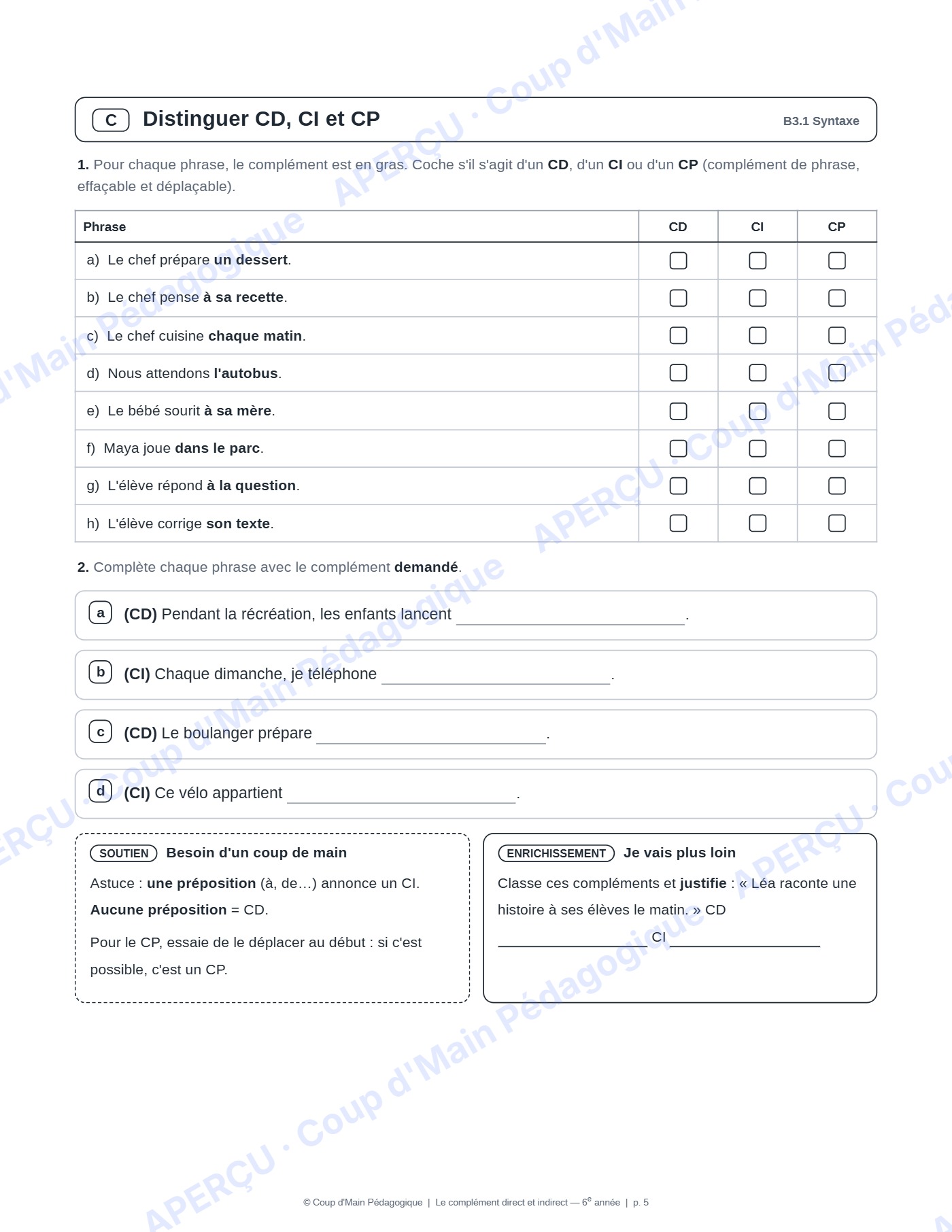 Page 6 — Complément direct et indirect — 6e, mini-unité