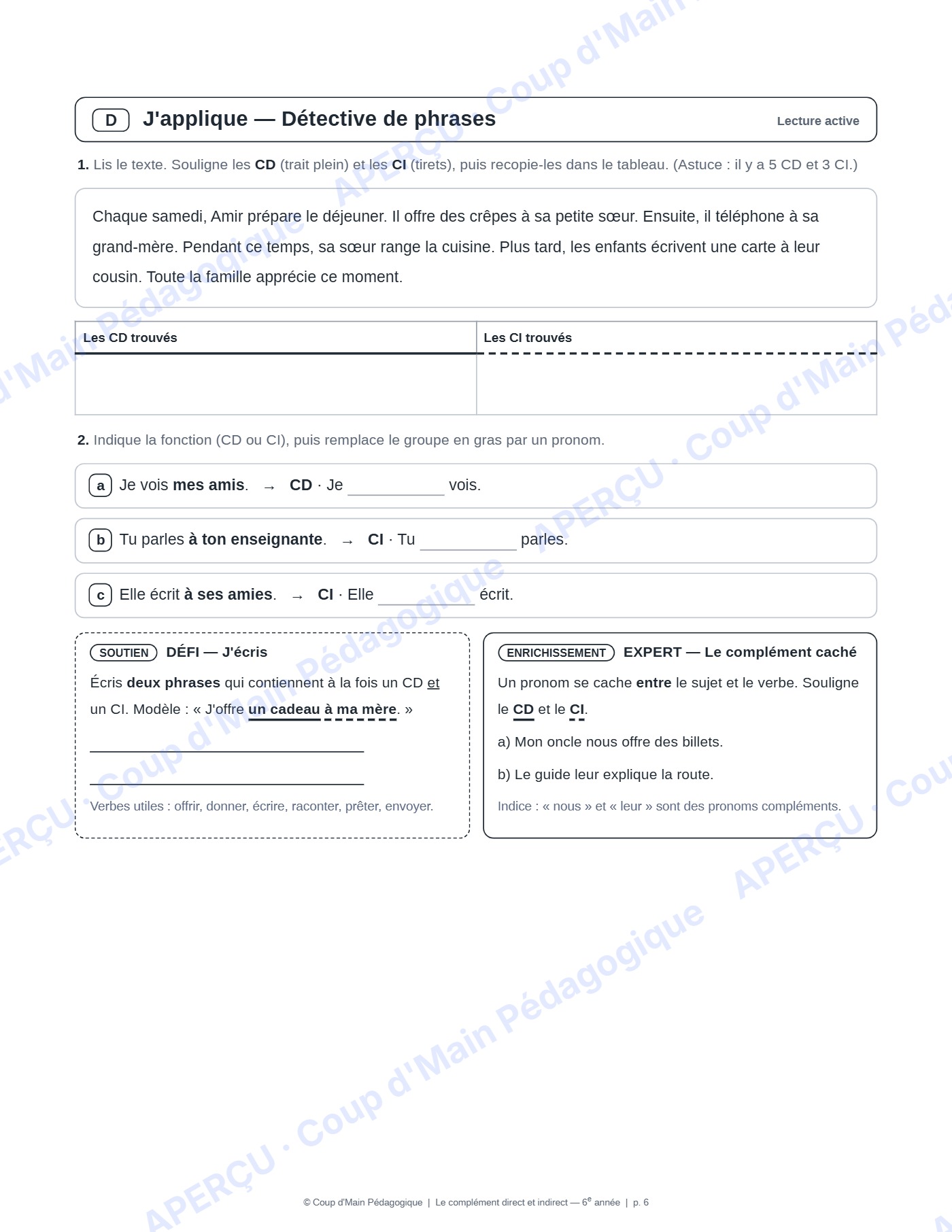 Page 7 — Complément direct et indirect — 6e, mini-unité