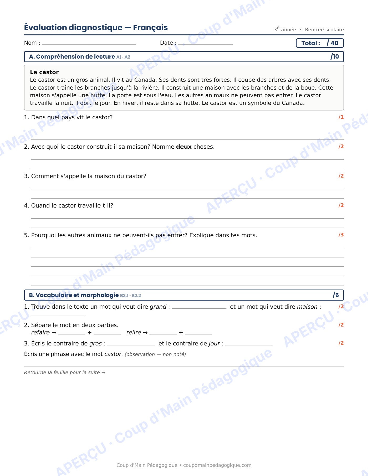 Page 1 — Évaluation diagnostique de français — 3e année