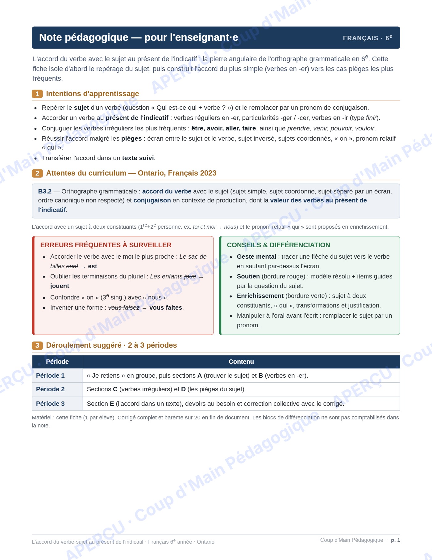 Page 3 — L'accord du verbe avec le sujet — 6e année, fiche