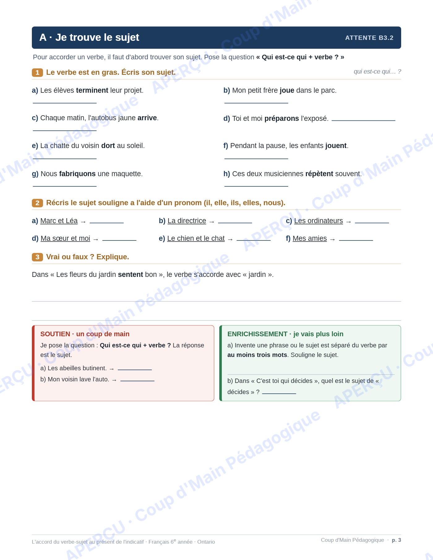 Page 5 — L'accord du verbe avec le sujet — 6e année, fiche