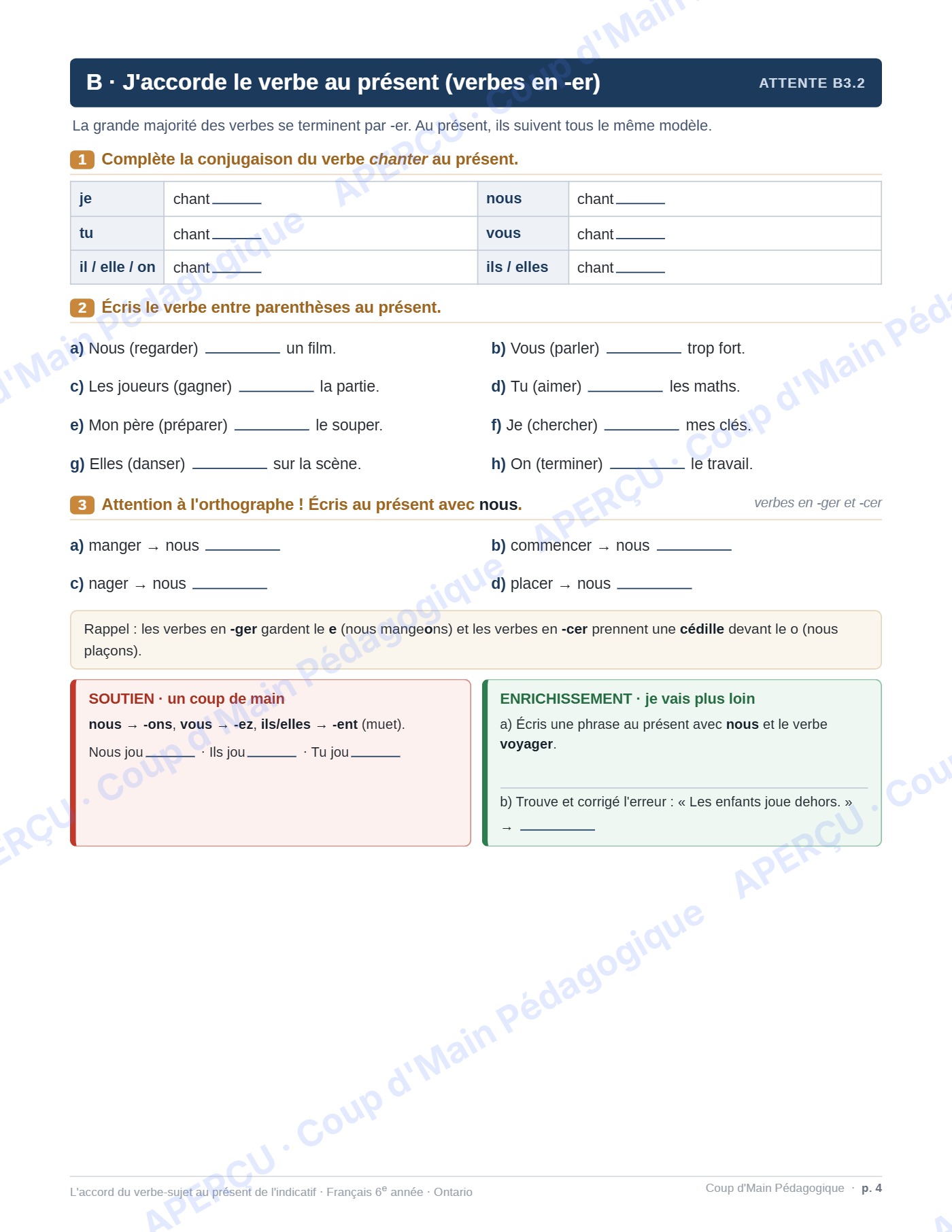 Page 6 — L'accord du verbe avec le sujet — 6e année, fiche