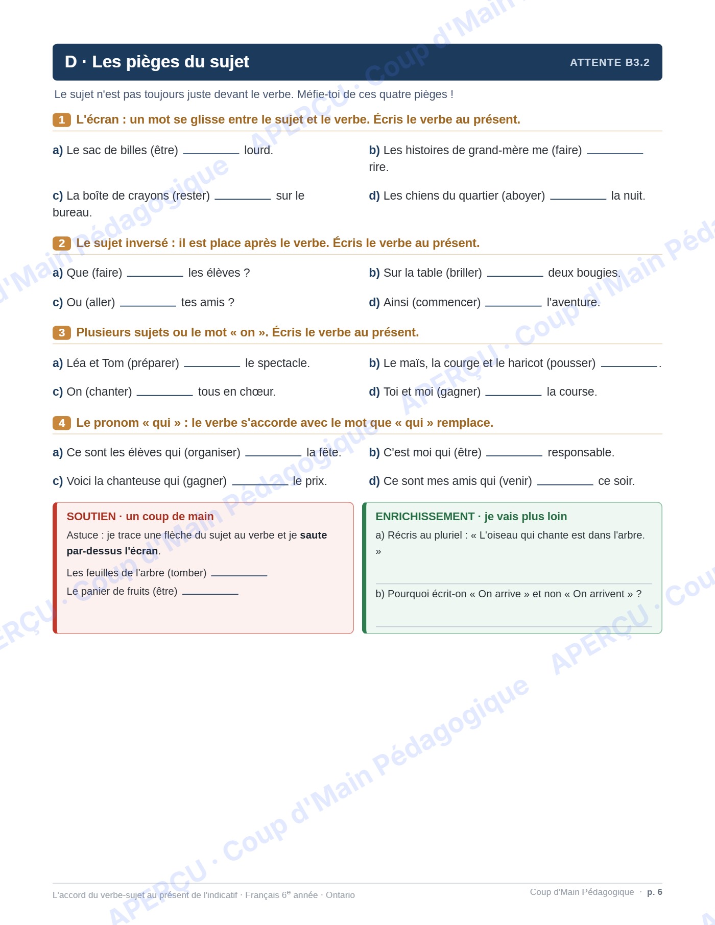 Page 8 — L'accord du verbe avec le sujet — 6e année, fiche
