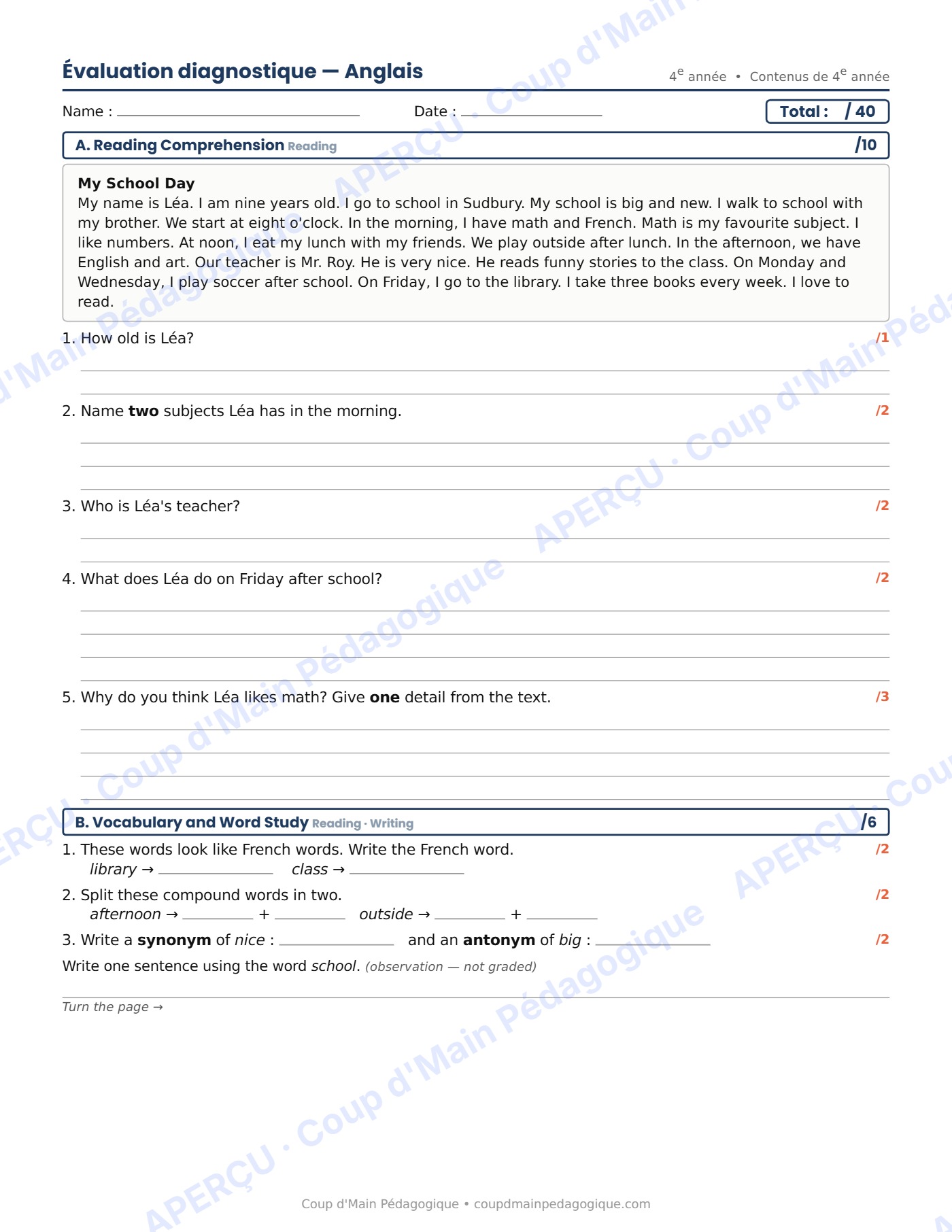 Page 1 — Évaluation diagnostique d'anglais — 4e année