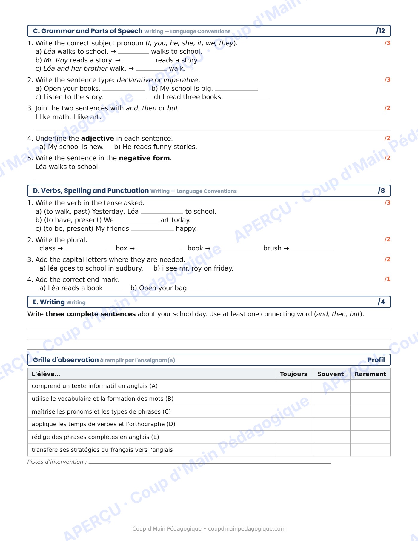 Page 2 — Évaluation diagnostique d'anglais — 4e année