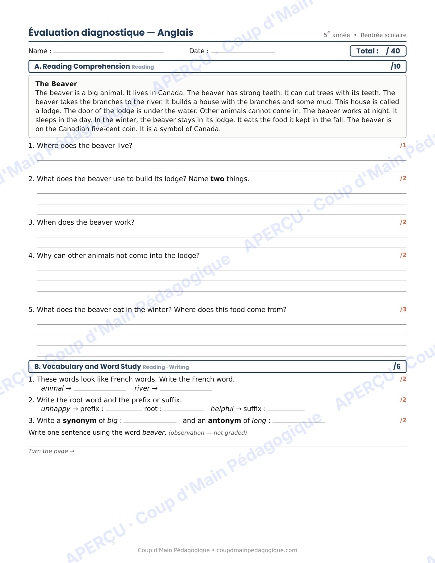 Page 1 — Évaluation diagnostique d'anglais — 5e année