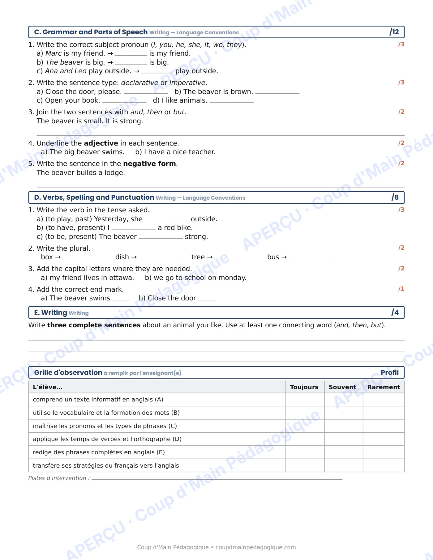 Page 2 — Évaluation diagnostique d'anglais — 5e année