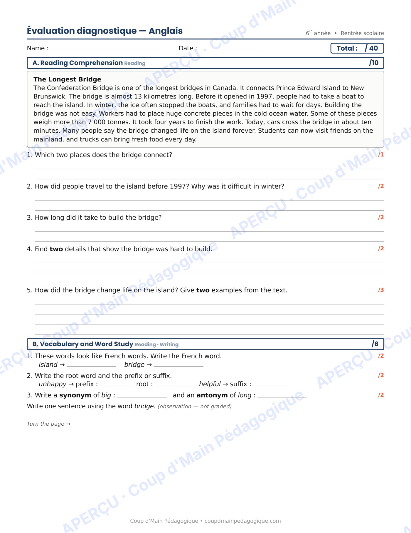 Page 1 — Évaluation diagnostique d'anglais — 6e année