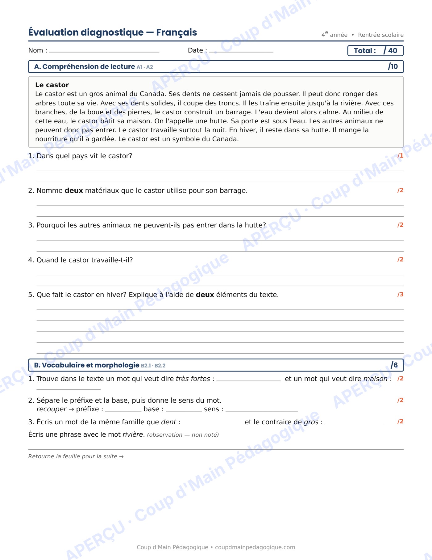 Page 1 — Évaluation diagnostique de français — 4e année