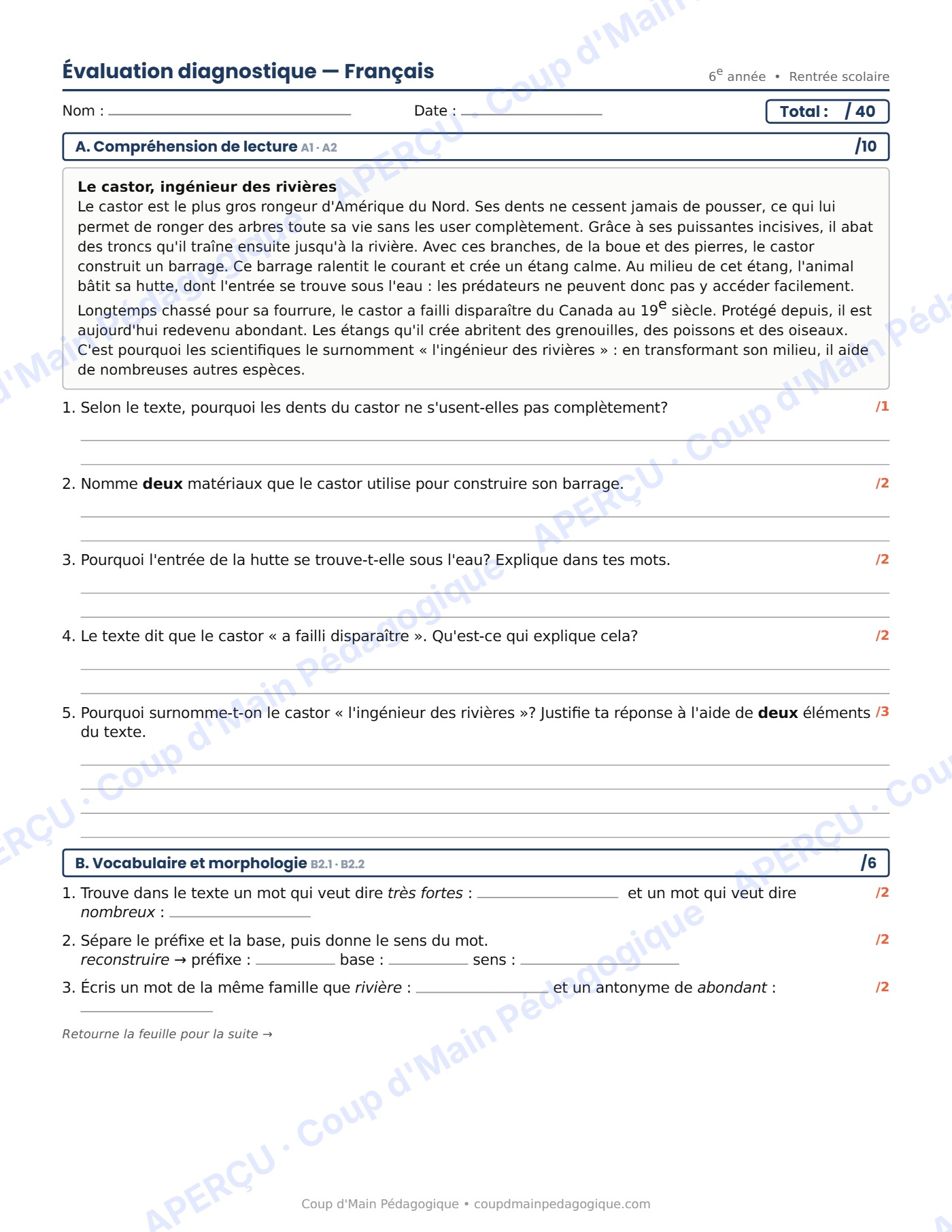 Page 1 — Évaluation diagnostique de français — 6e année