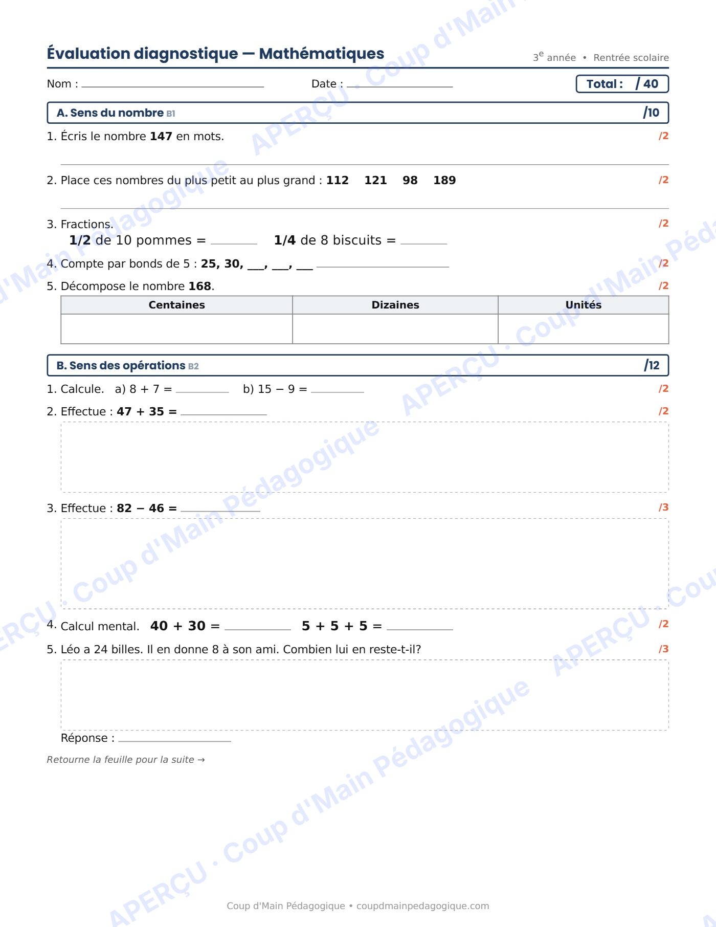 Page 1 — Évaluation diagnostique de maths — 3e année