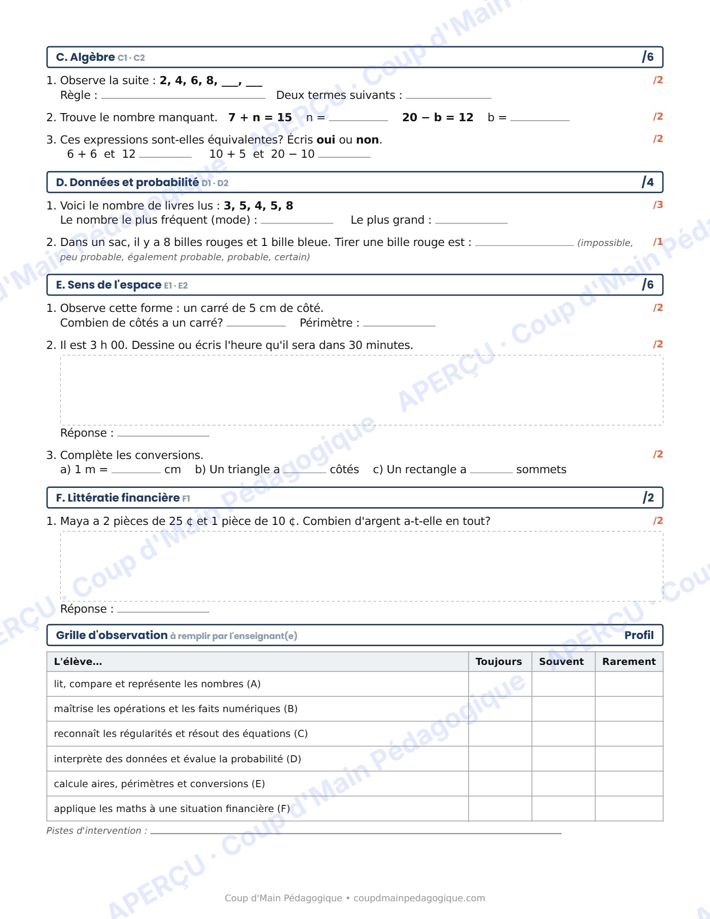 Page 2 — Évaluation diagnostique de maths — 3e année