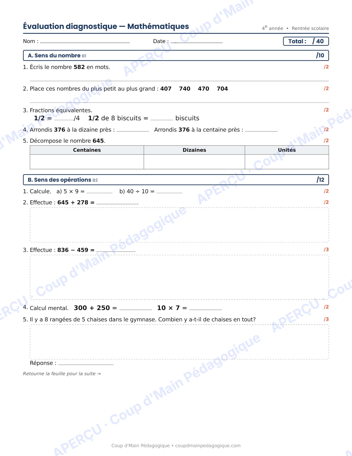 Page 1 — Évaluation diagnostique de maths — 4e année