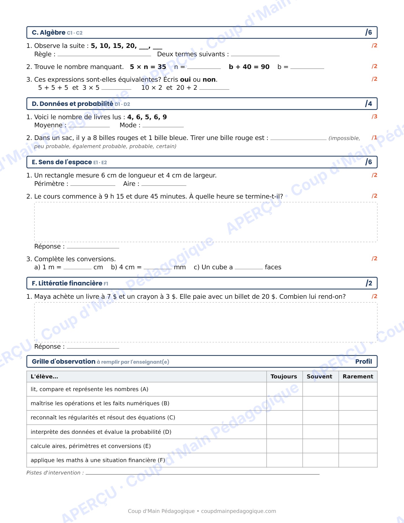 Page 2 — Évaluation diagnostique de maths — 4e année