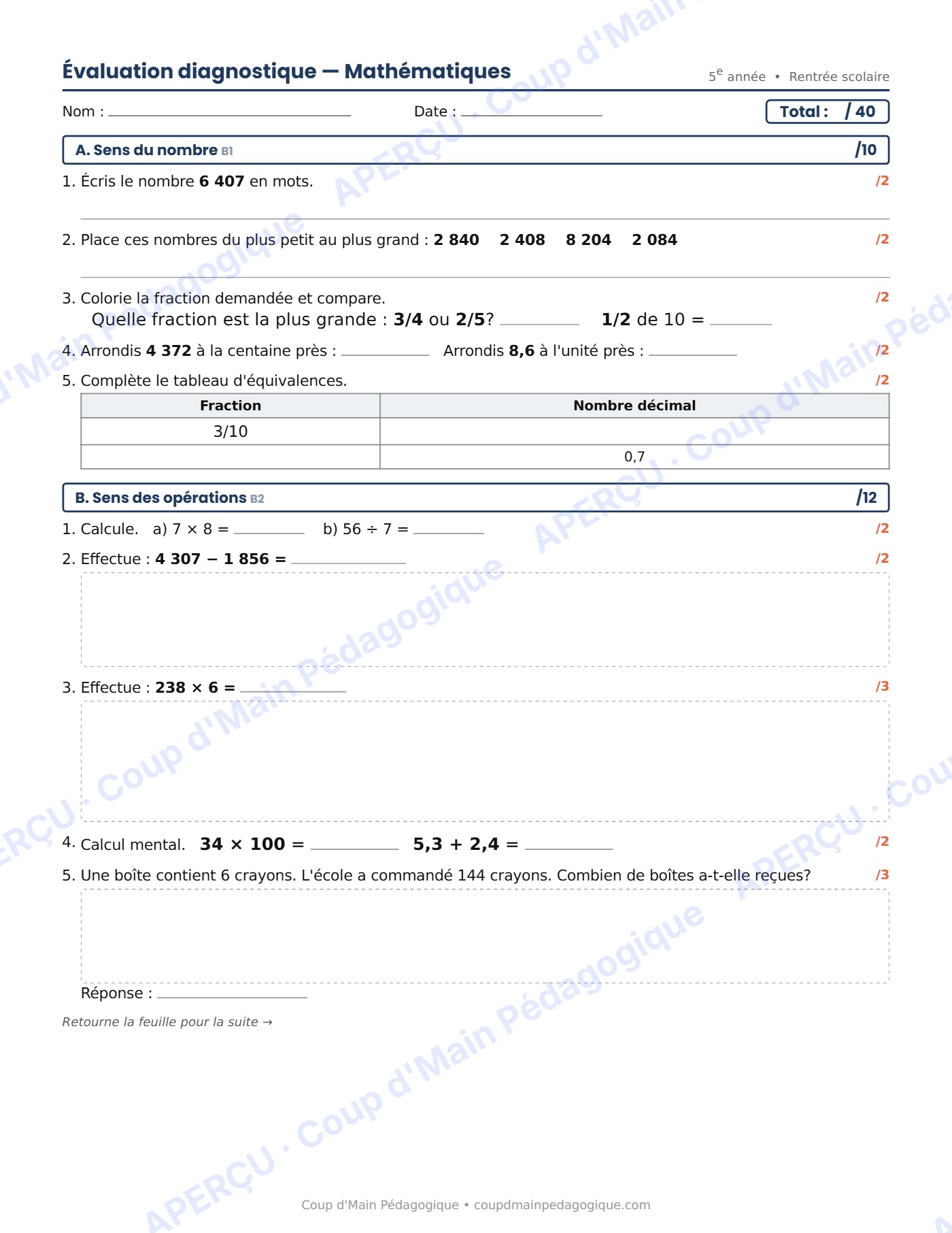 Page 1 — Évaluation diagnostique de maths — 5e année