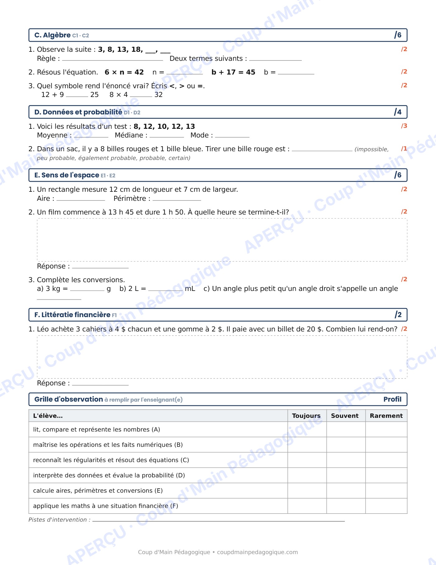 Page 2 — Évaluation diagnostique de maths — 5e année