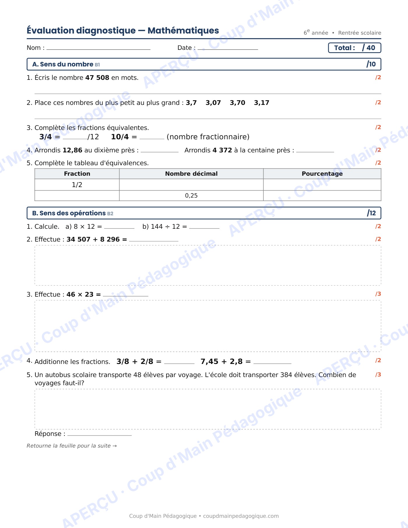 Page 1 — Évaluation diagnostique de maths — 6e année