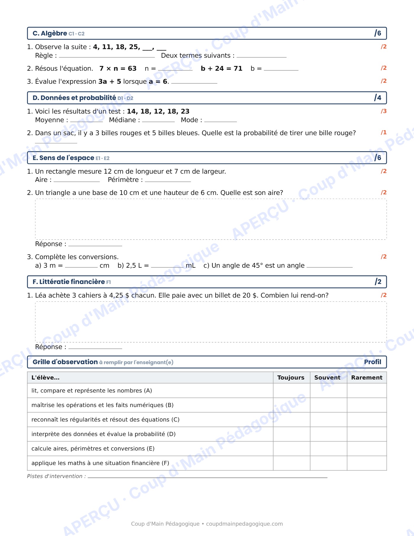 Page 2 — Évaluation diagnostique de maths — 6e année