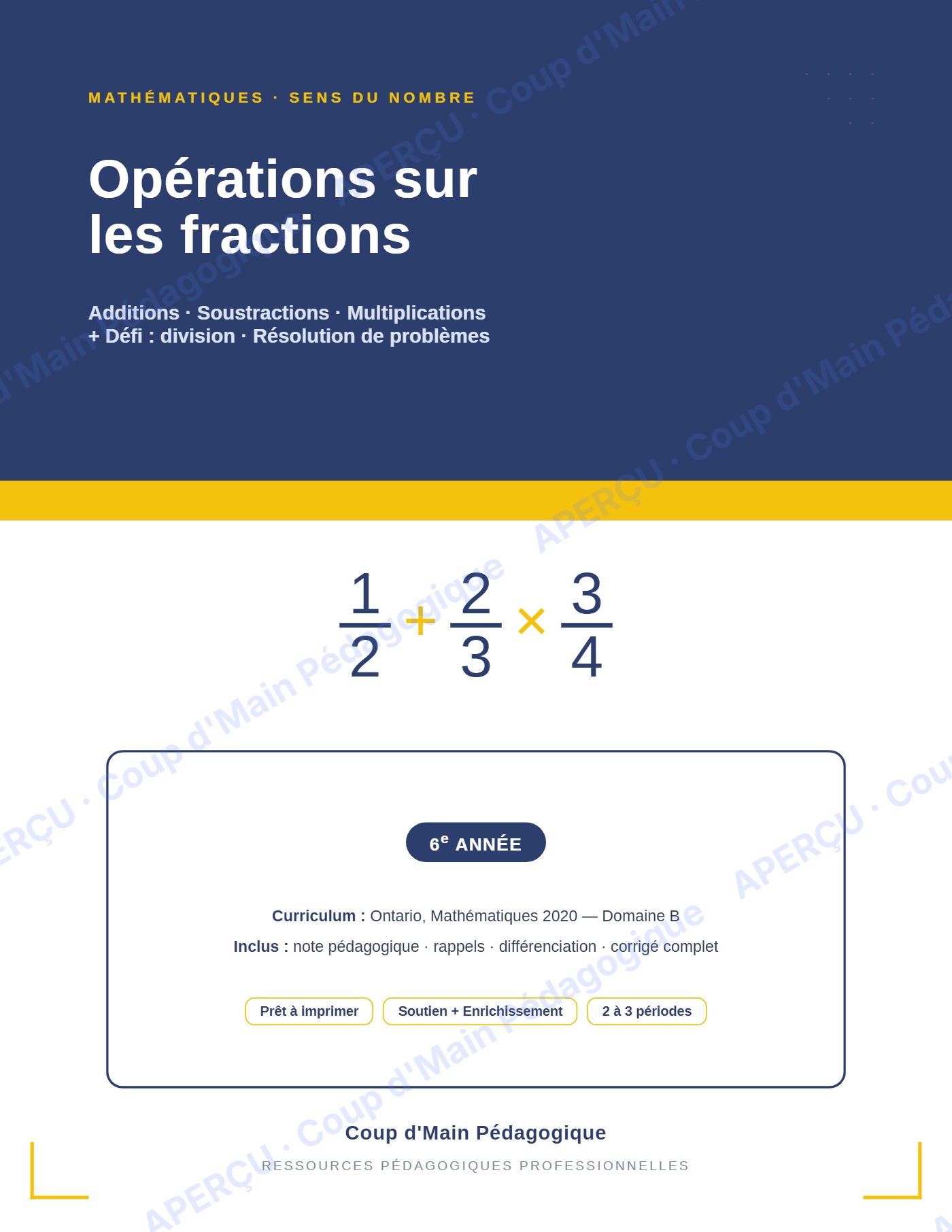 Page 1 — Opérations sur les fractions — 6e année, fiche