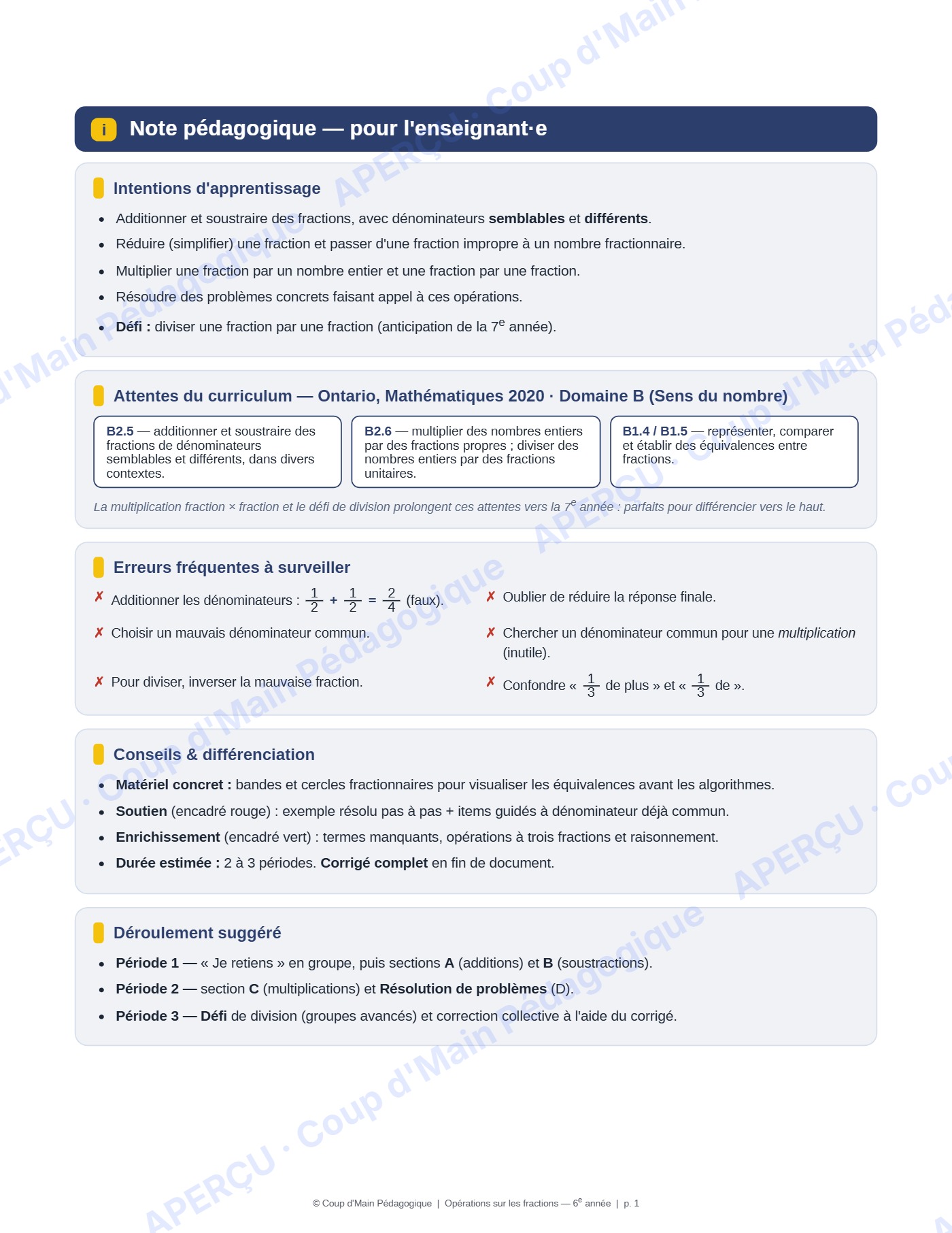 Page 2 — Opérations sur les fractions — 6e année, fiche