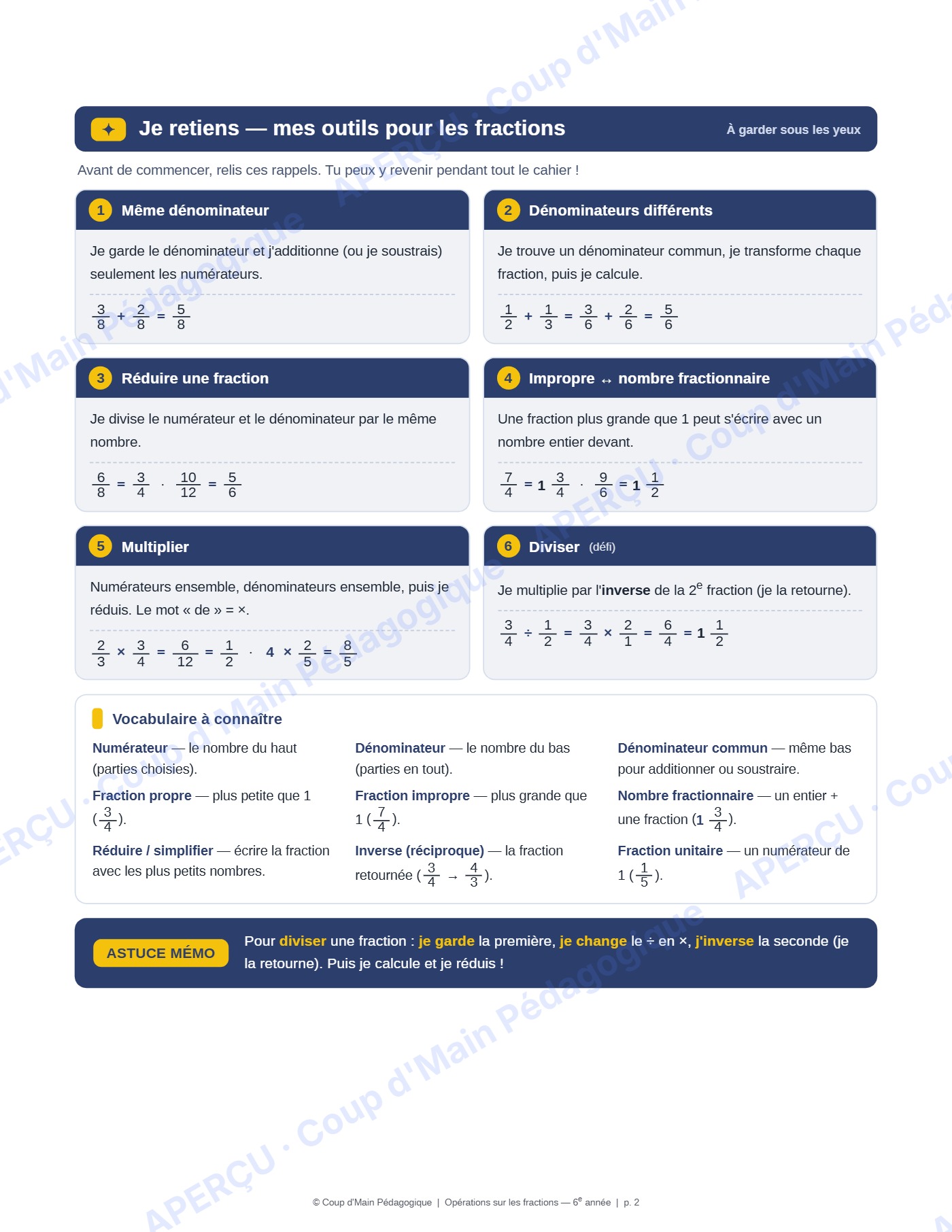 Page 3 — Opérations sur les fractions — 6e année, fiche