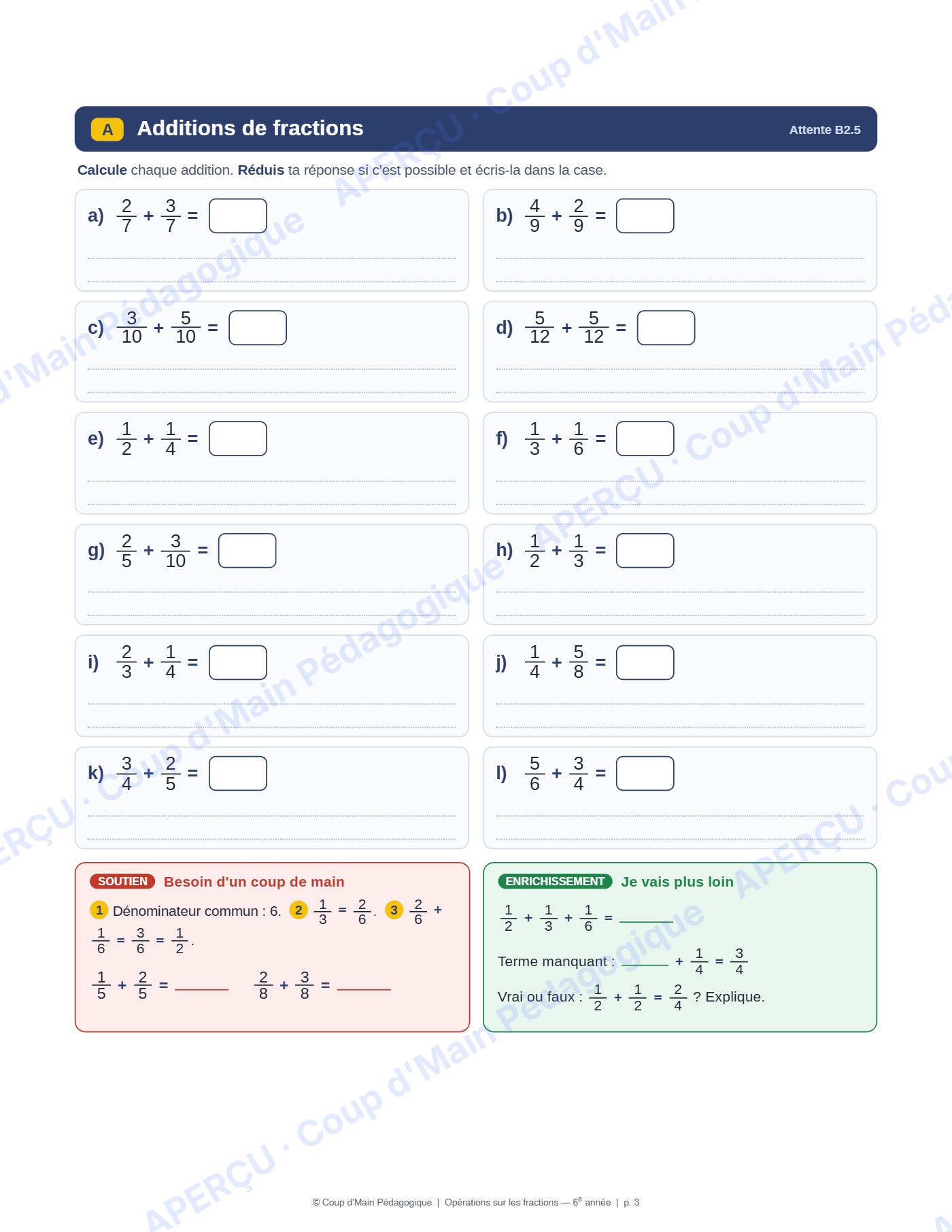 Page 4 — Opérations sur les fractions — 6e année, fiche