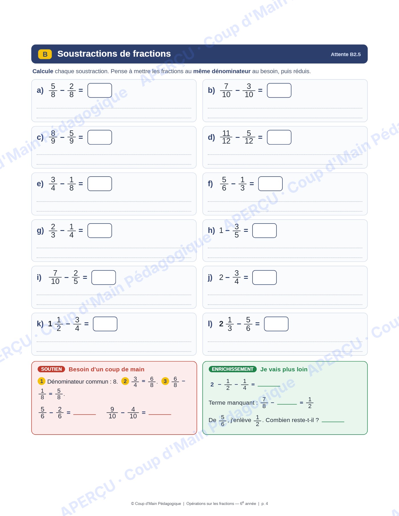 Page 5 — Opérations sur les fractions — 6e année, fiche