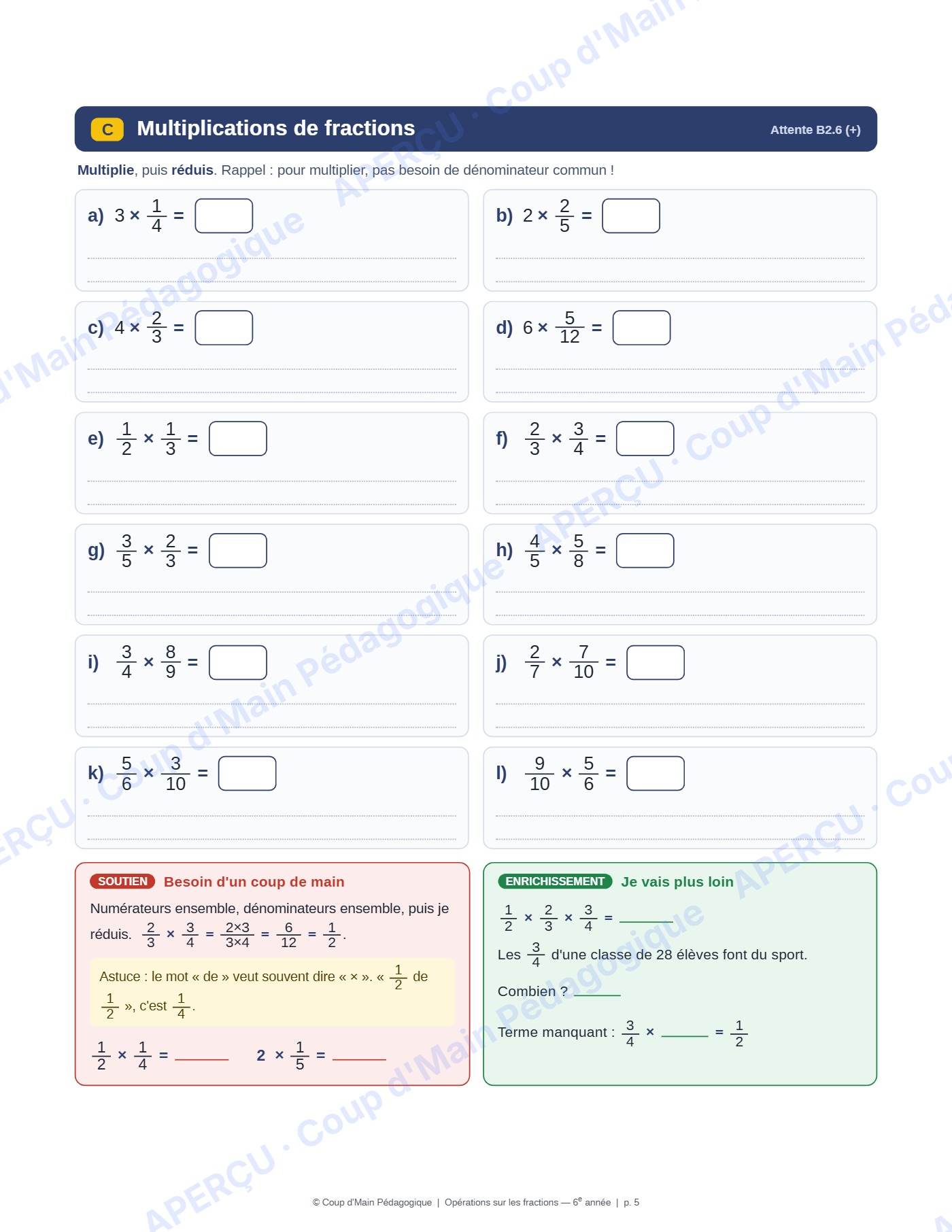 Page 6 — Opérations sur les fractions — 6e année, fiche
