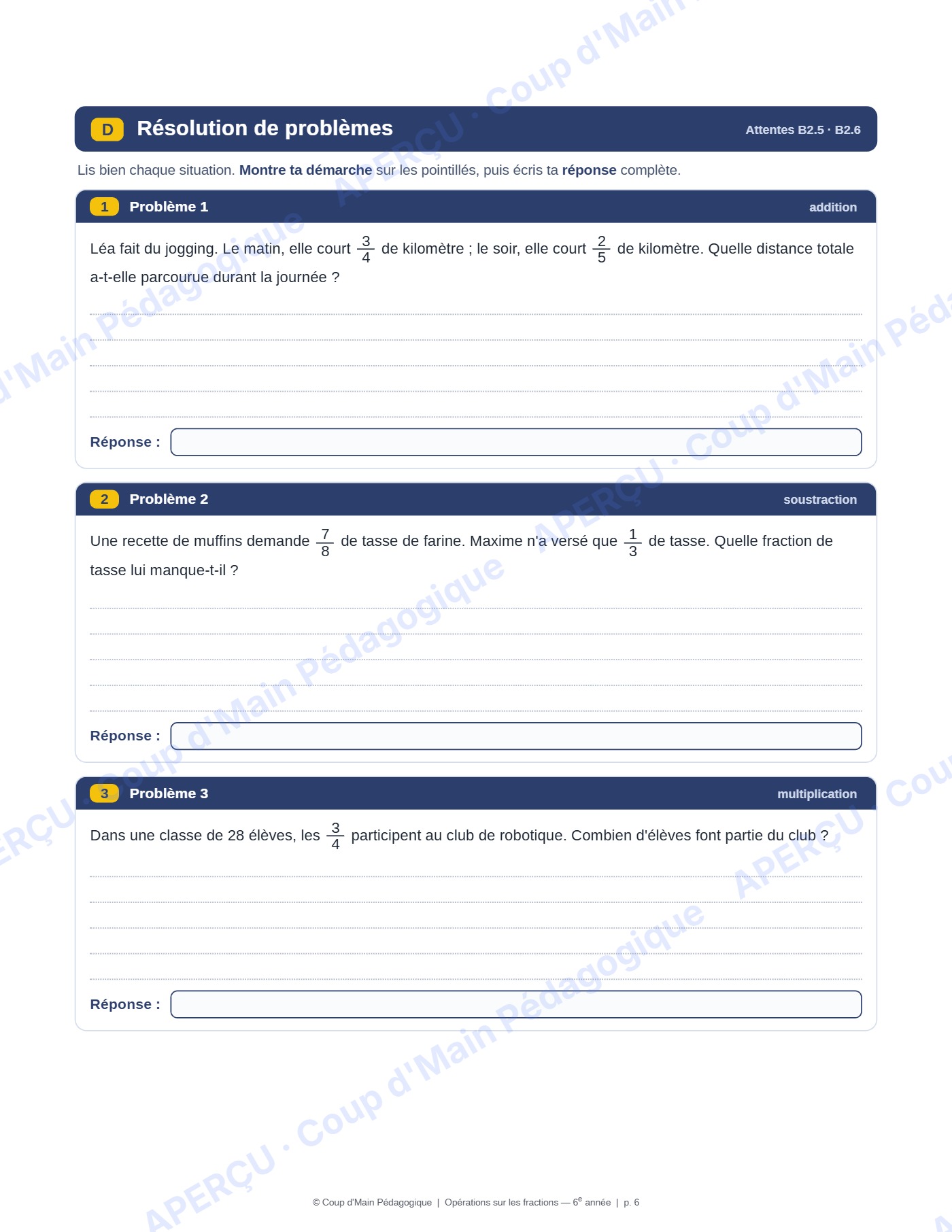 Page 7 — Opérations sur les fractions — 6e année, fiche