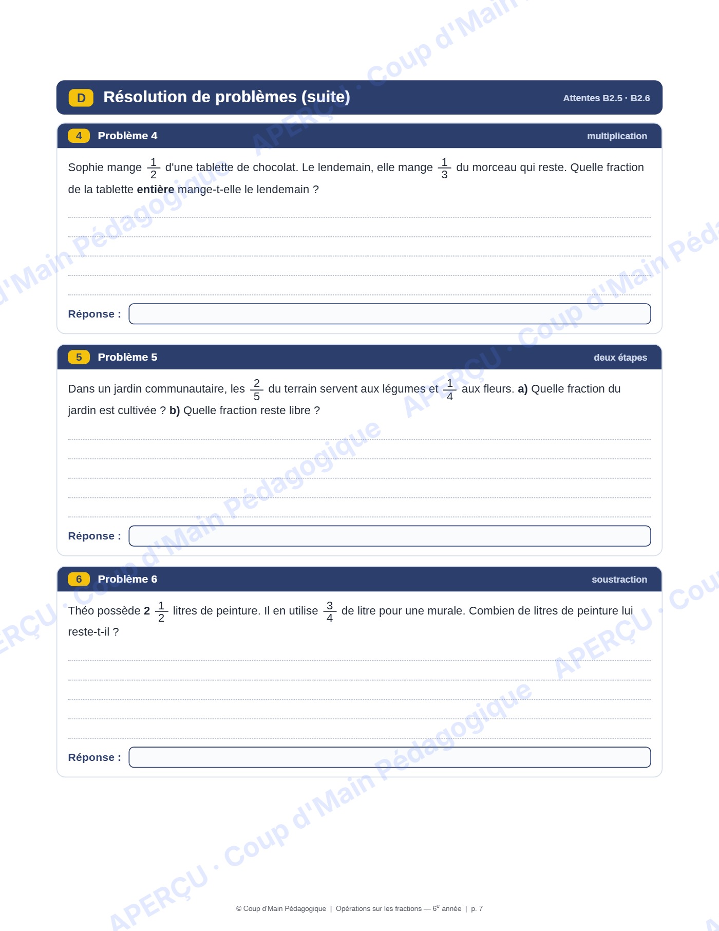 Page 8 — Opérations sur les fractions — 6e année, fiche