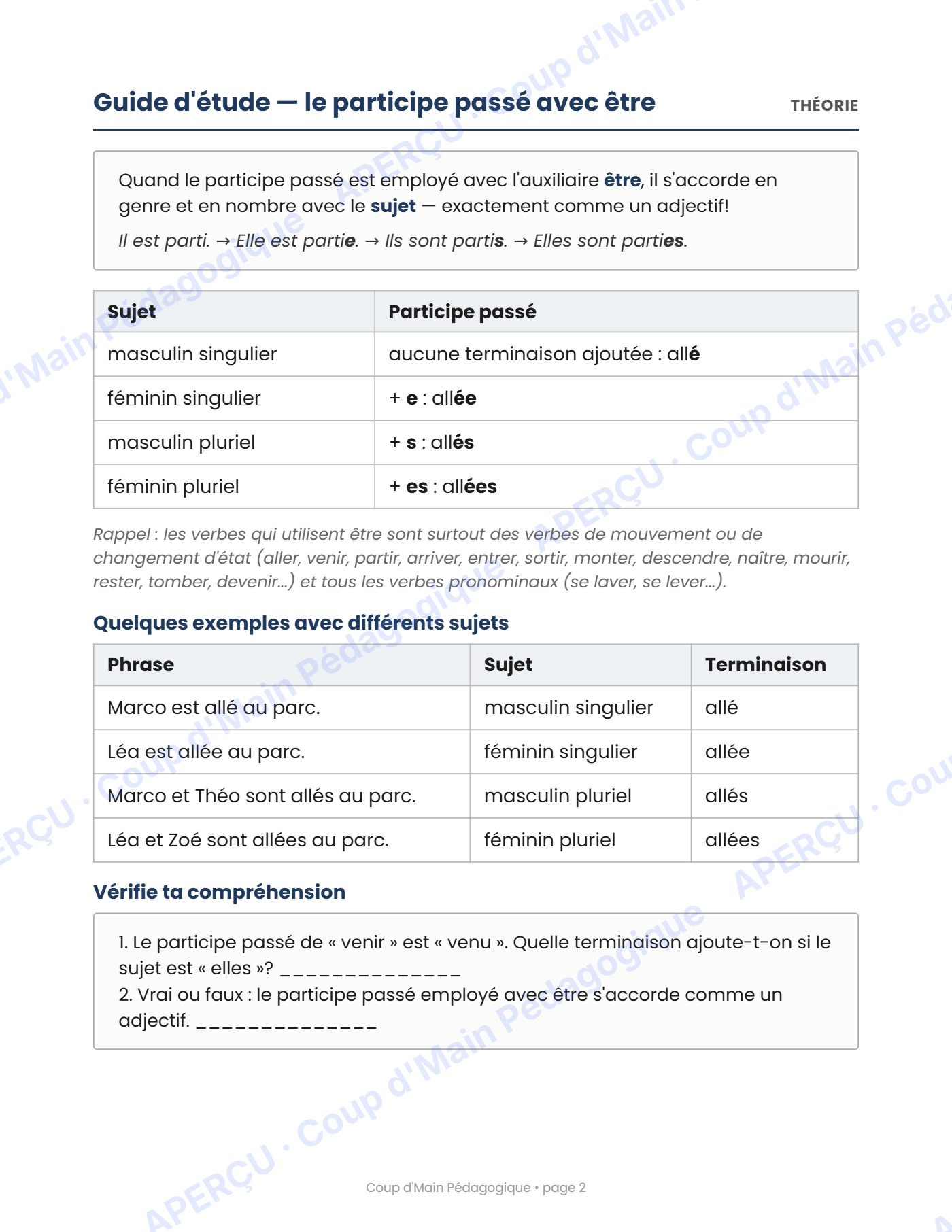 Page 2 — L'accord du participe passé — 6e année, cahier